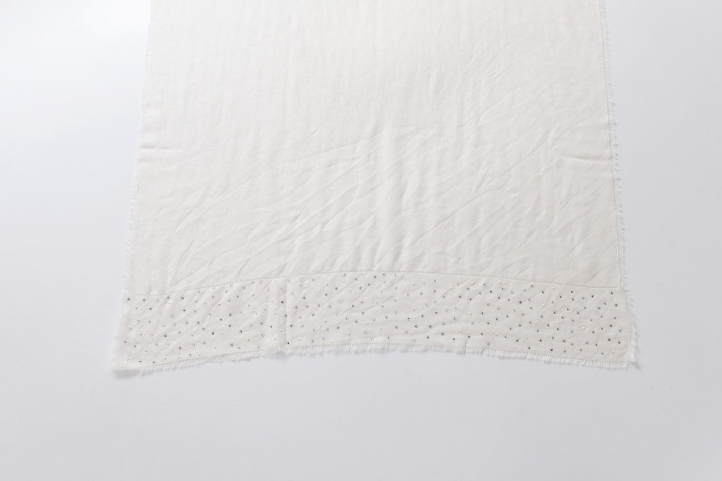 Brilliantem Embellished Ivory Cashmere Scarf with fringe