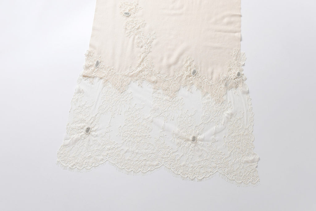 Hand Sewn Lace on Cashmere Scarf in White - Made in India