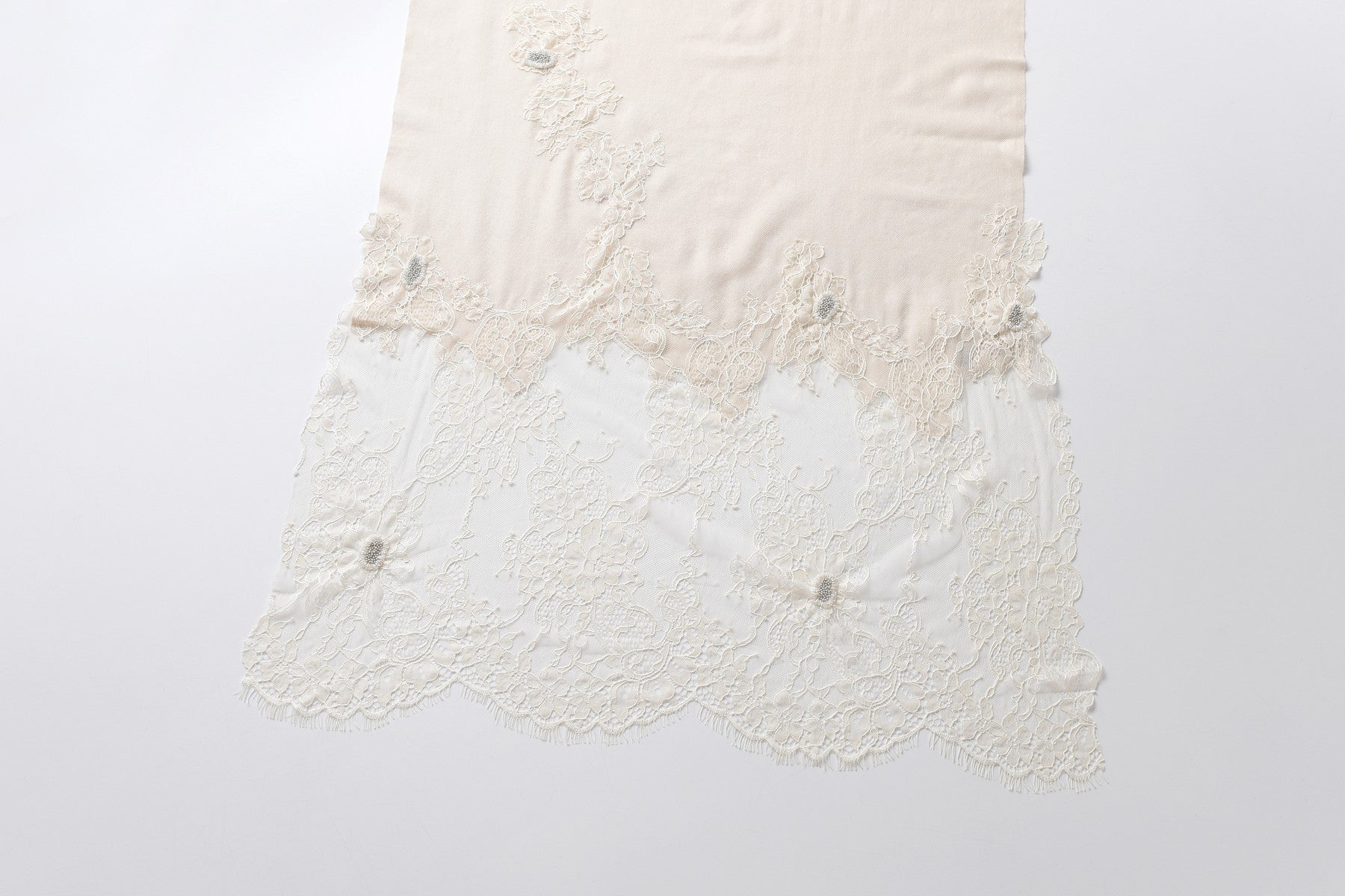 Hand Sewn Lace on Cashmere Scarf in White - Made in India