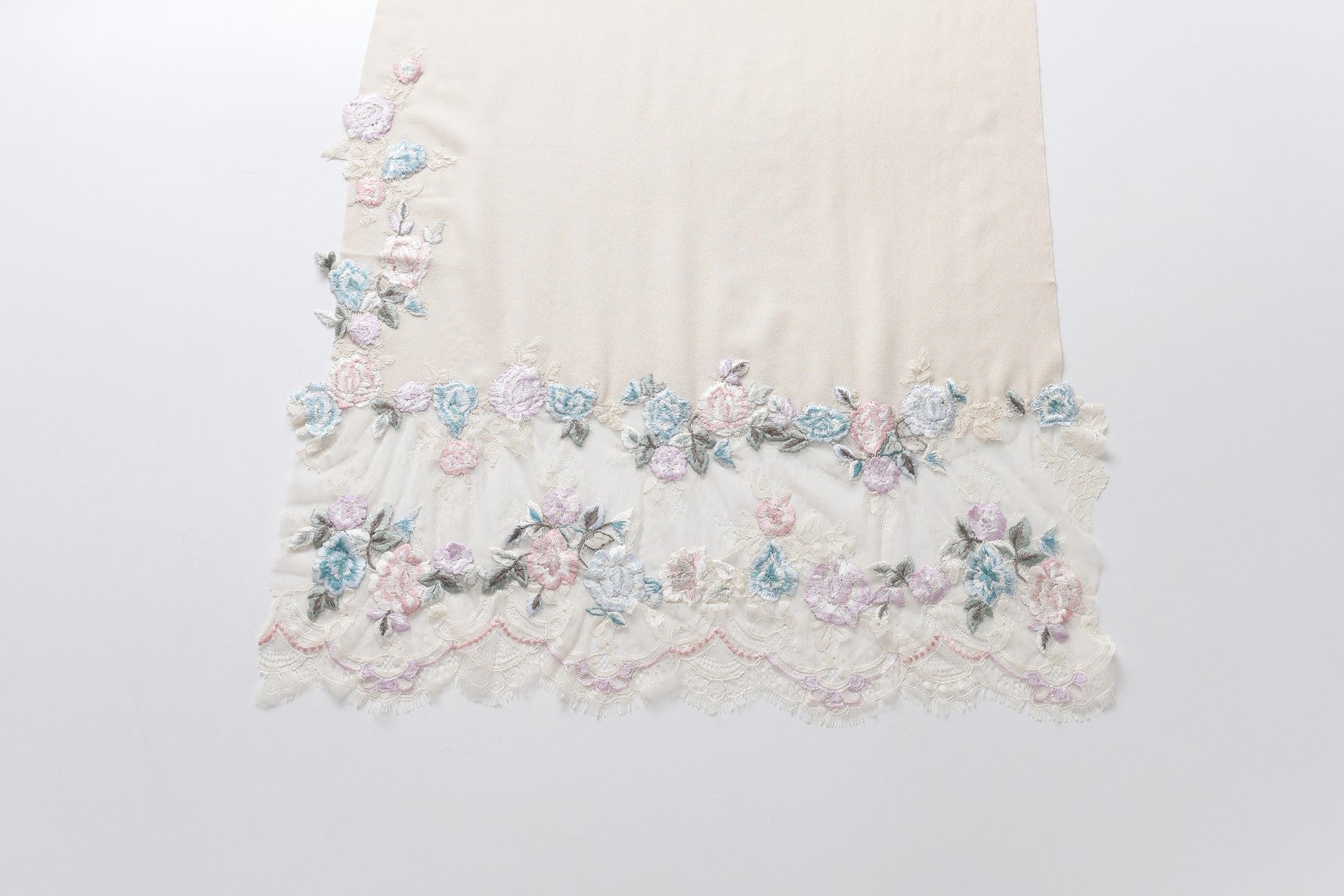 Hand Sewn Lace on Cashmere Silk Scarf in White - Made in India