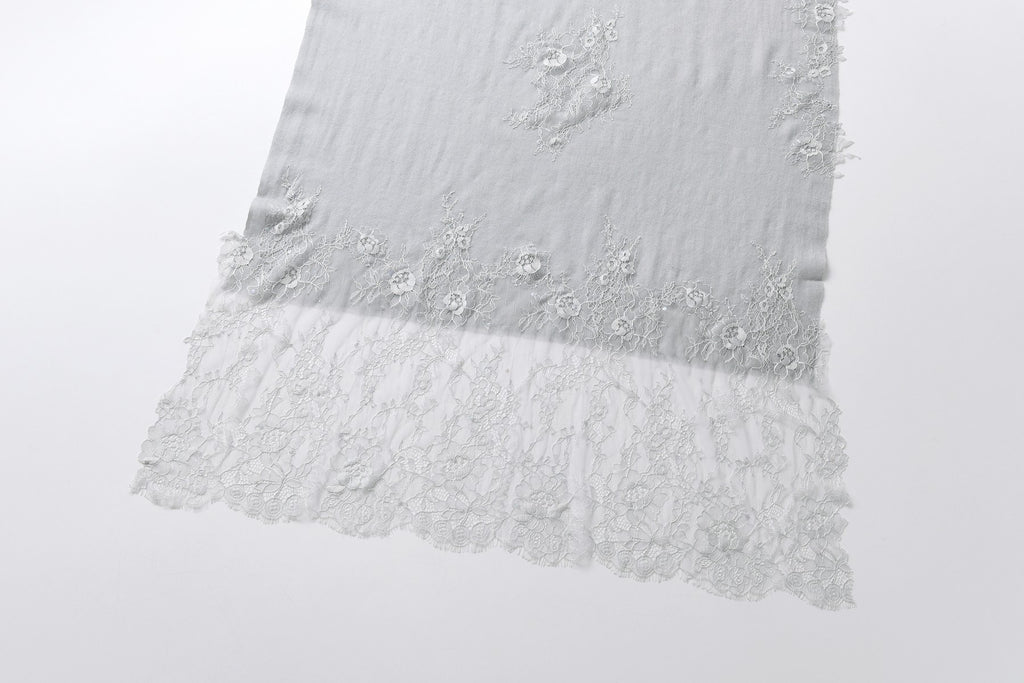 Hand Sewn Lace on Cashmere Silk Scarf in Silver Grey - Made in India