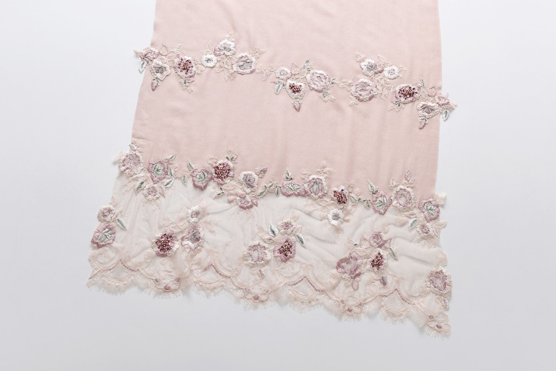 Hand Sewn Lace on Cashmere Silk Scarf in Pink & Green - Made in India