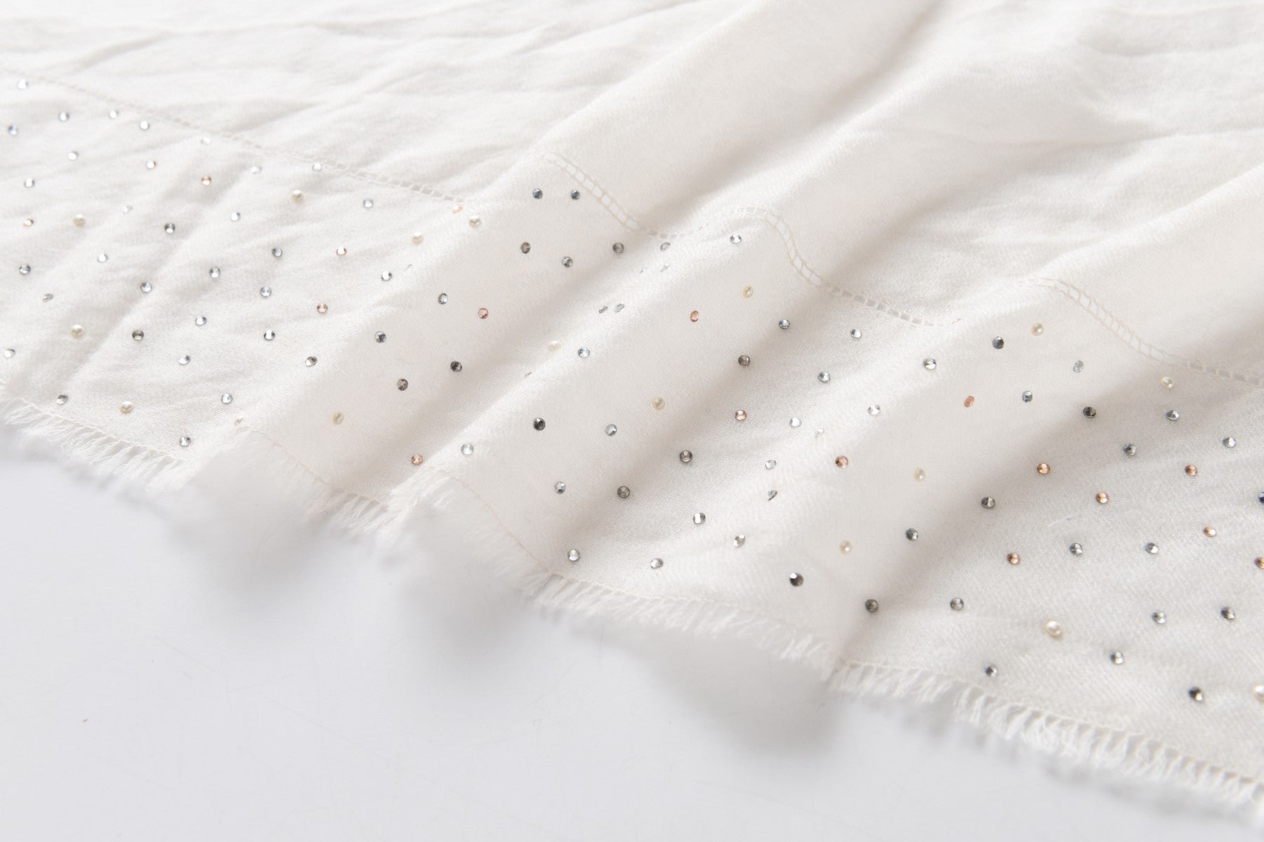 Brilliantem Embellished Ivory Cashmere Scarf with fringe