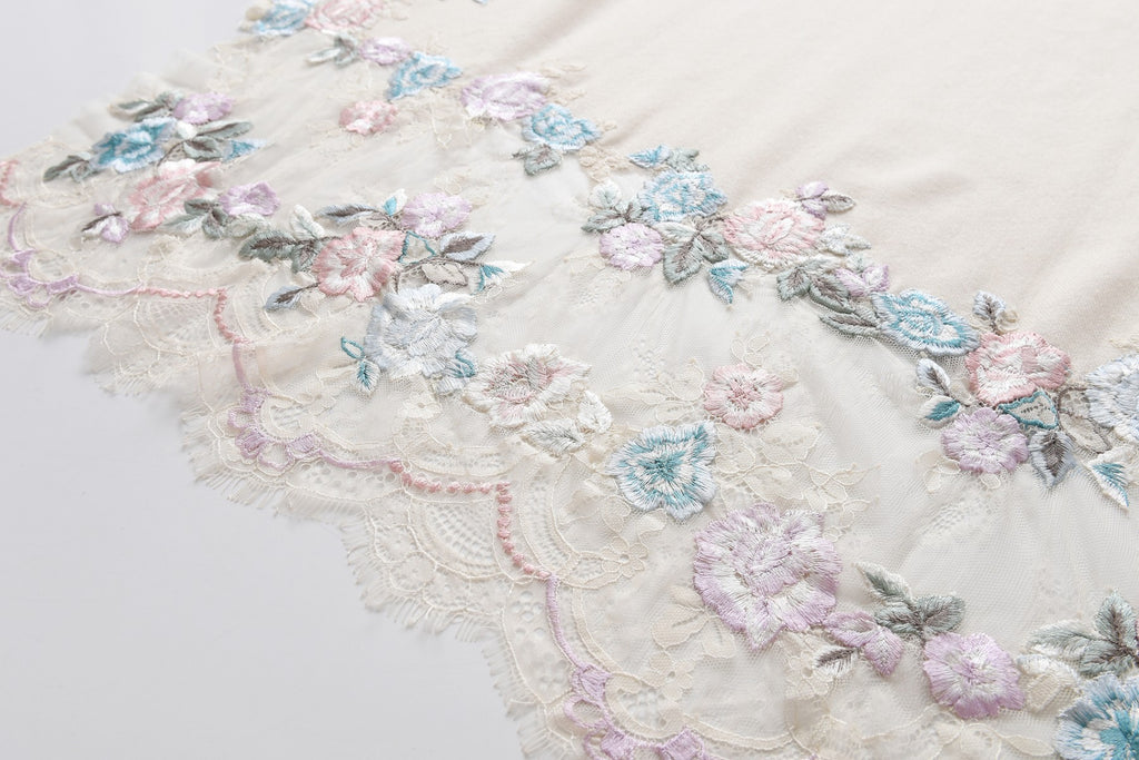 Hand Sewn Lace on Cashmere Silk Scarf in White - Made in India