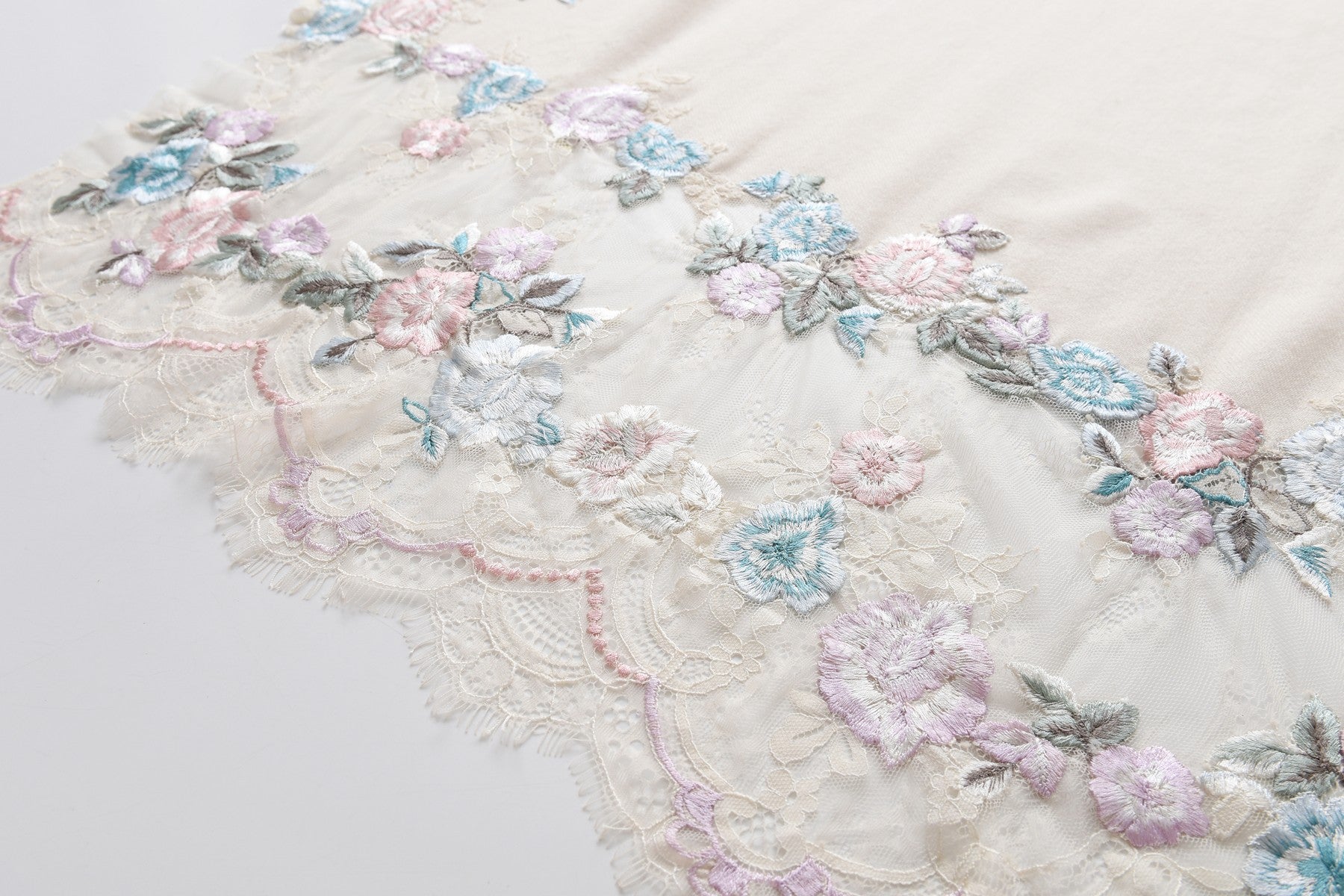 Hand Sewn Lace on Cashmere Silk Scarf in White - Made in India