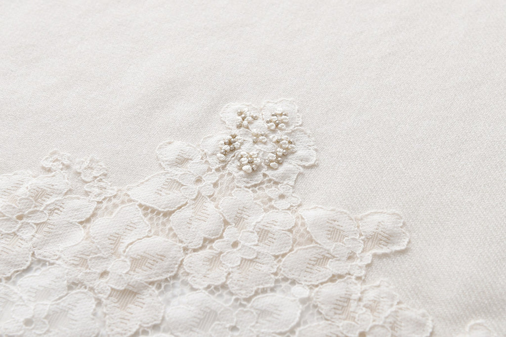 Hand Sewn Lace on Cashmere Silk Scarf in Ivory - Made in India