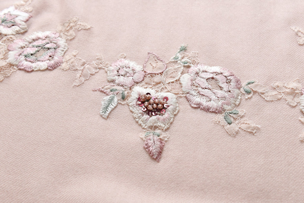Hand Sewn Lace on Cashmere Silk Scarf in Pink & Green - Made in India