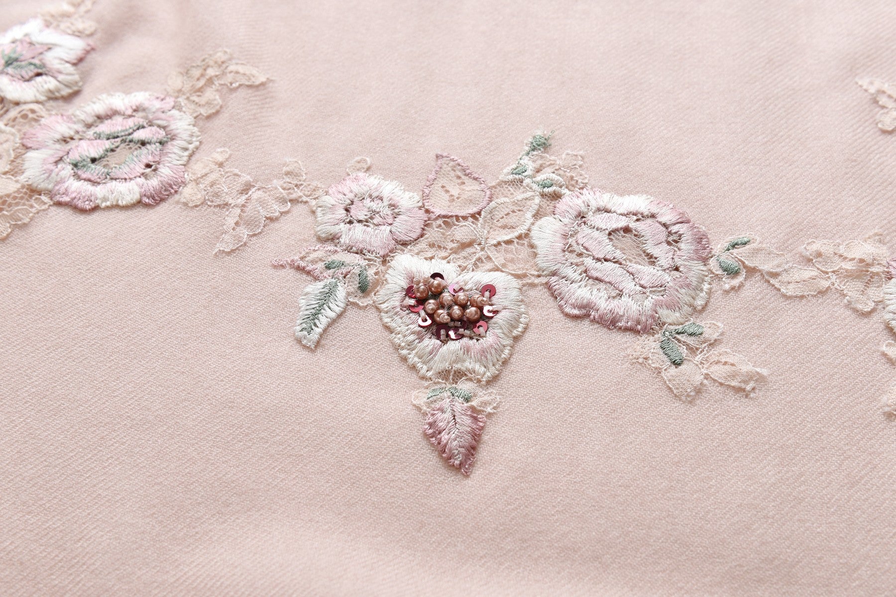Hand Sewn Lace on Cashmere Silk Scarf in Pink & Green - Made in India