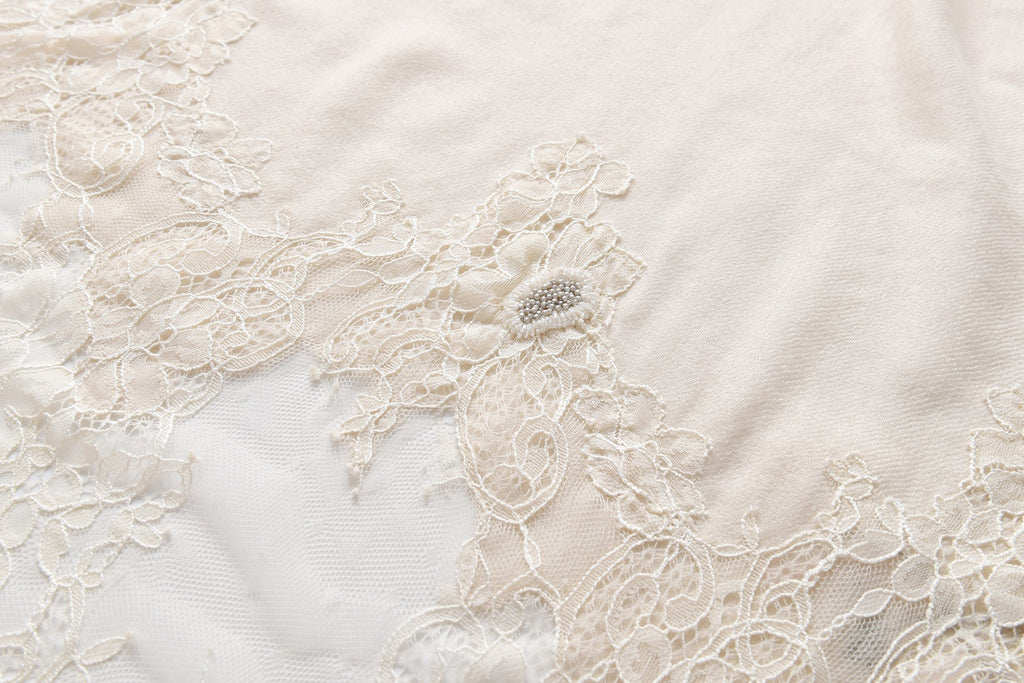 Hand Sewn Lace on Cashmere Scarf in White - Made in India