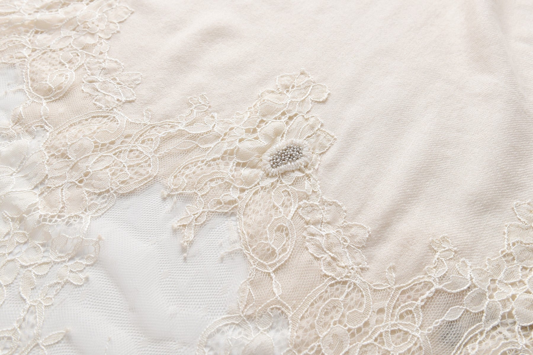 Hand Sewn Lace on Cashmere Scarf in White - Made in India