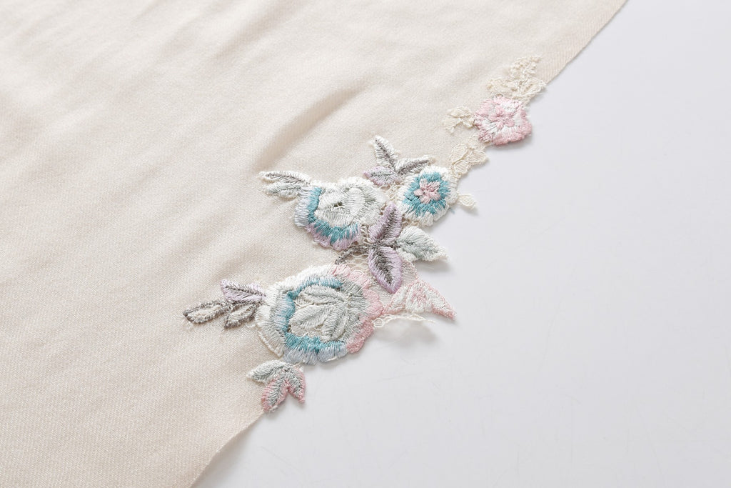 Hand Sewn Lace on Cashmere Silk Scarf in White - Made in India