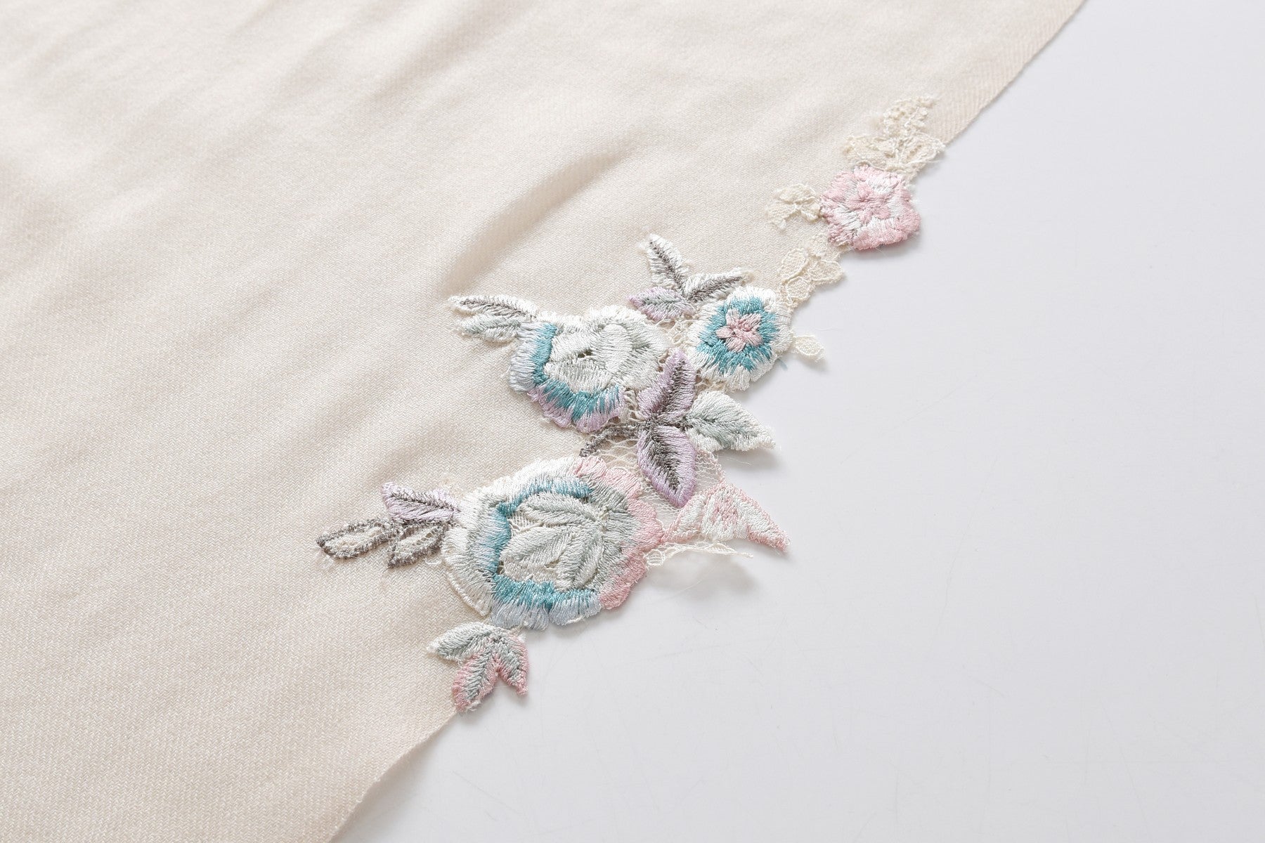 Hand Sewn Lace on Cashmere Silk Scarf in White - Made in India
