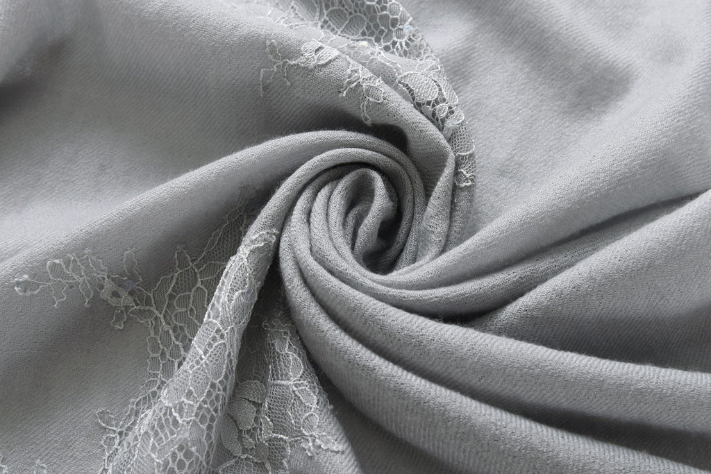 Hand Sewn Lace on Cashmere Silk Scarf in Silver Grey - Made in India