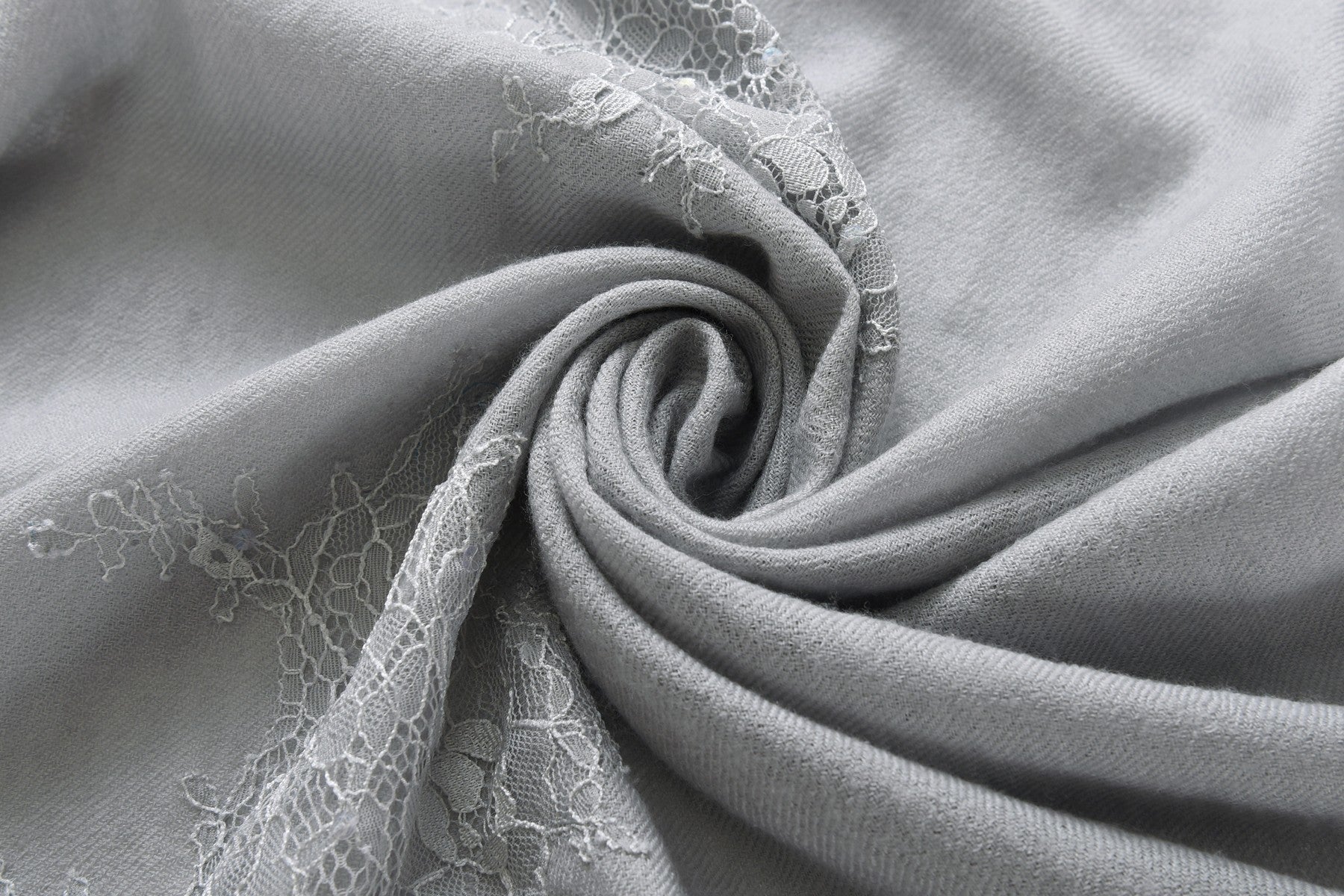 Hand Sewn Lace on Cashmere Silk Scarf in Silver Grey - Made in India