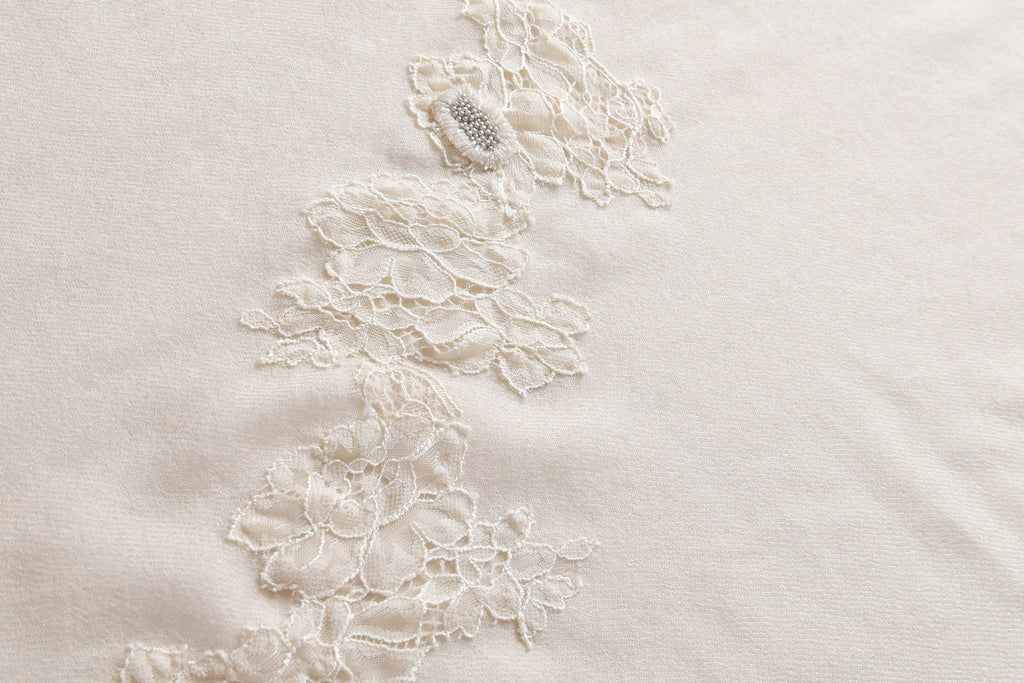 Hand Sewn Lace on Cashmere Scarf in White - Made in India