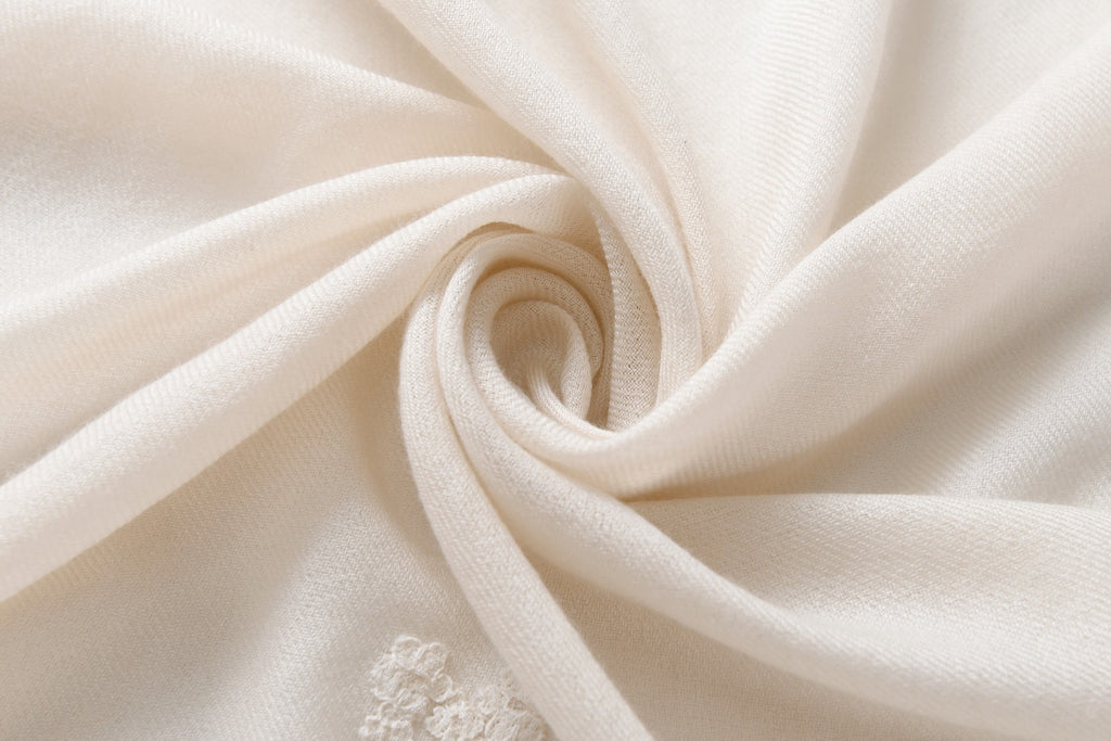 Hand Sewn Lace on Cashmere Silk Scarf in Ivory - Made in India