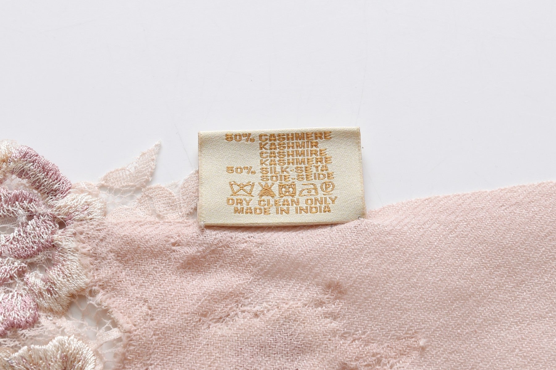 Hand Sewn Lace on Cashmere Silk Scarf in Pink & Green - Made in India