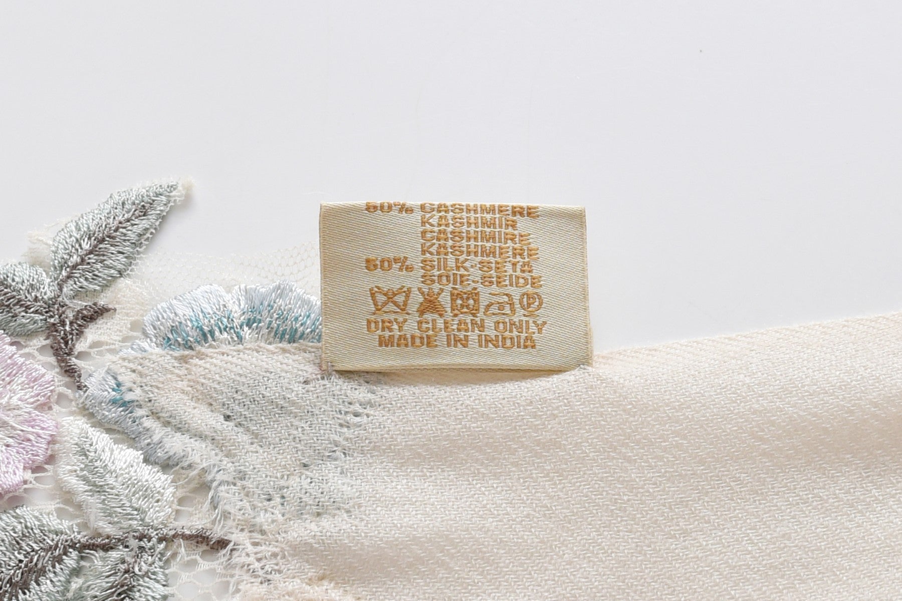 Hand Sewn Lace on Cashmere Silk Scarf in White - Made in India