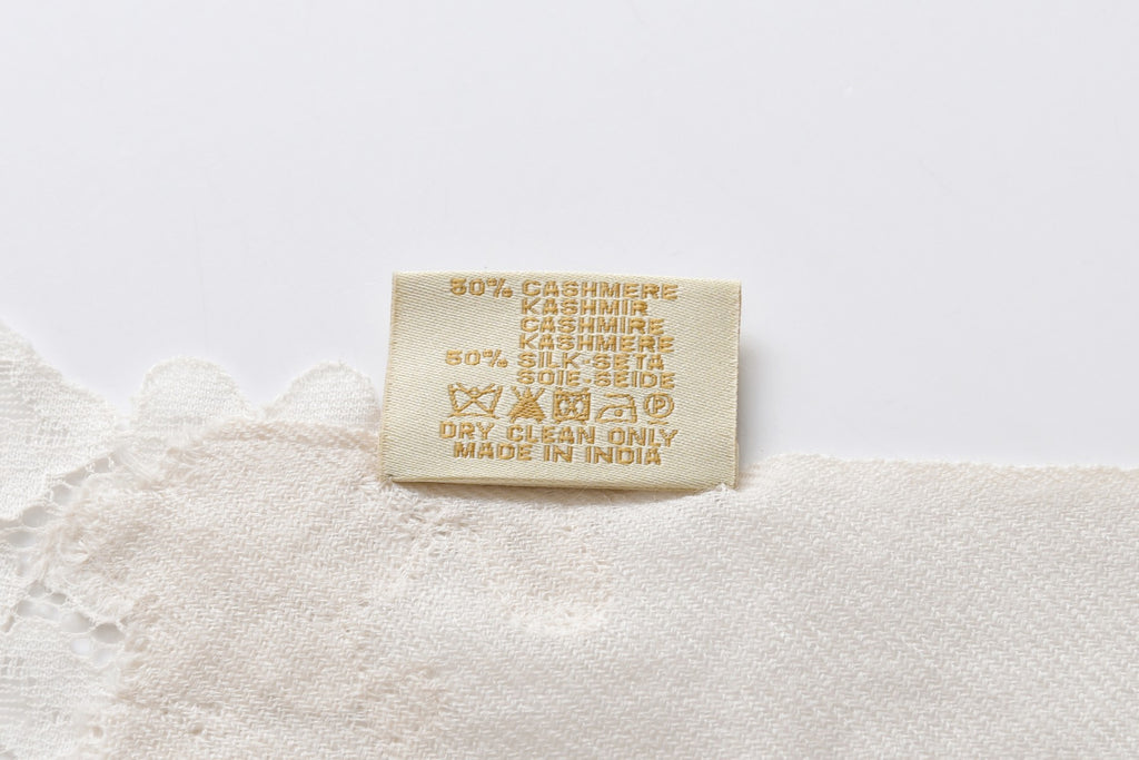 Hand Sewn Lace on Cashmere Silk Scarf in Ivory - Made in India