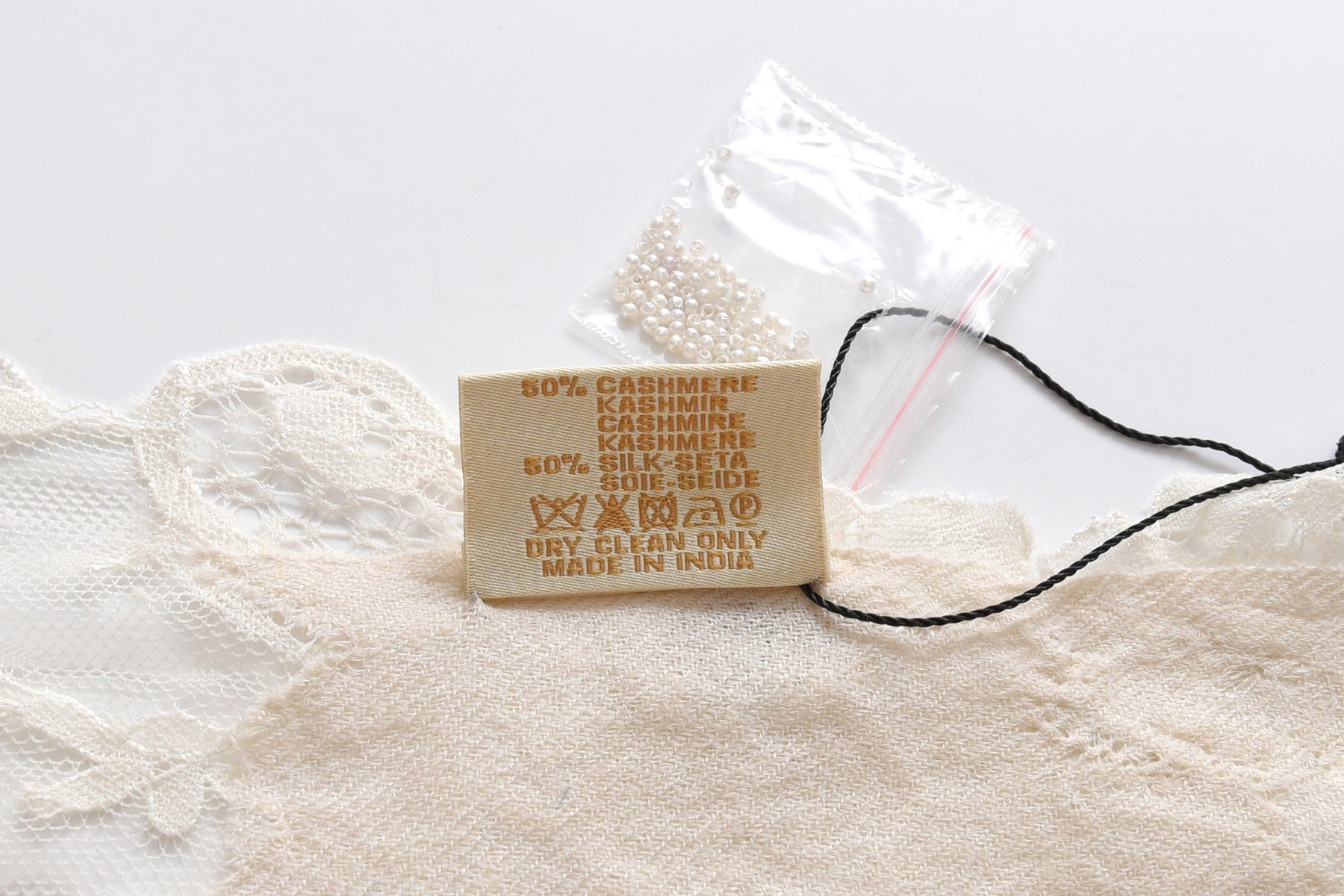 Hand Sewn Lace on Cashmere Scarf in White - Made in India