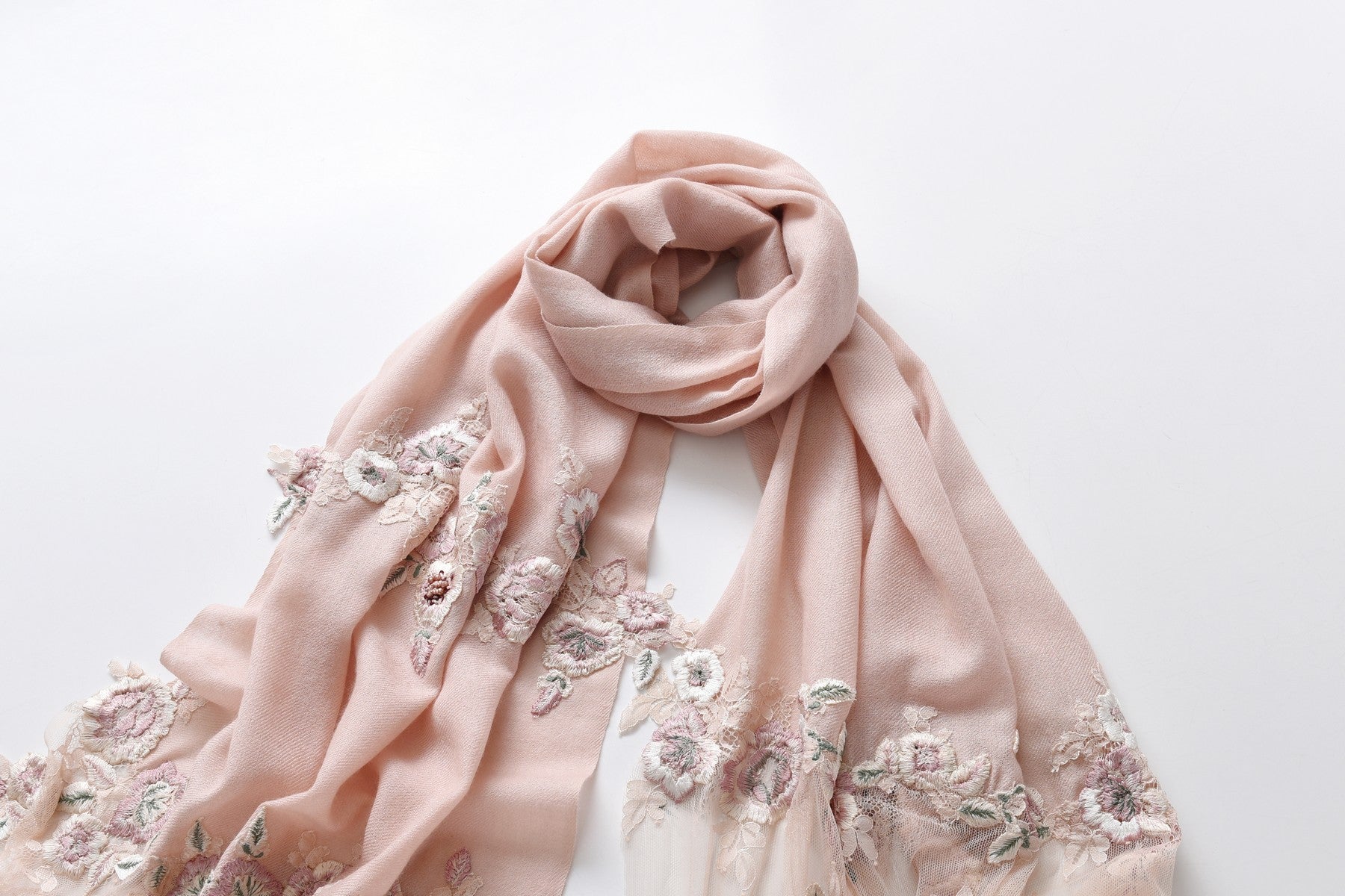 Hand Sewn Lace on Cashmere Silk Scarf in Pink & Green - Made in India