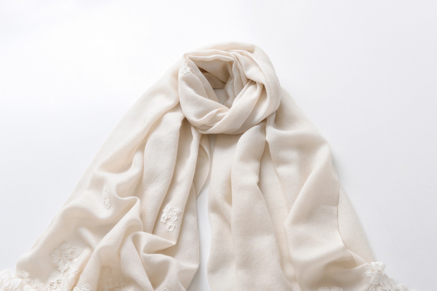 Hand Sewn Lace on Cashmere Silk Scarf in Ivory - Made in India