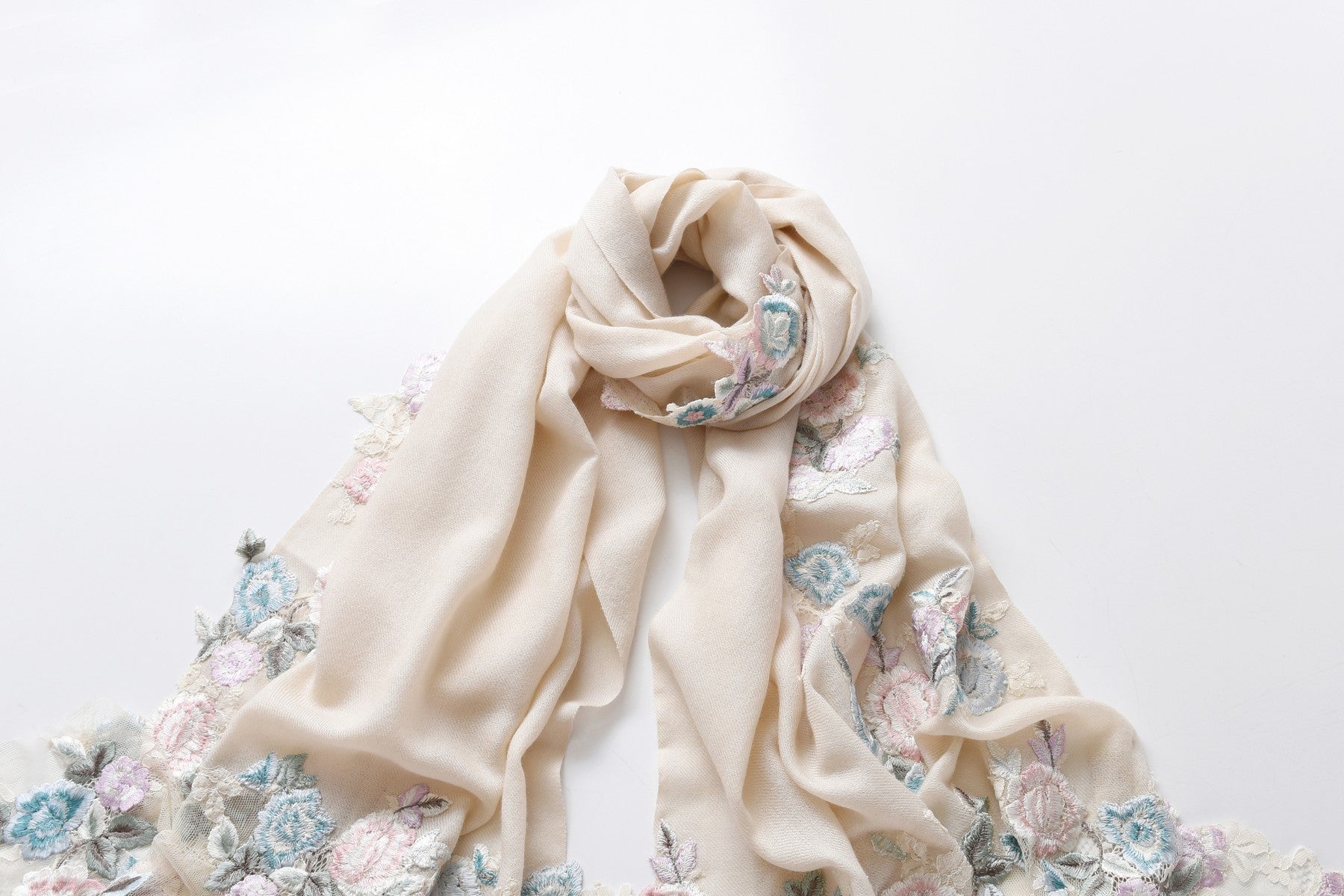 Hand Sewn Lace on Cashmere Silk Scarf in White - Made in India
