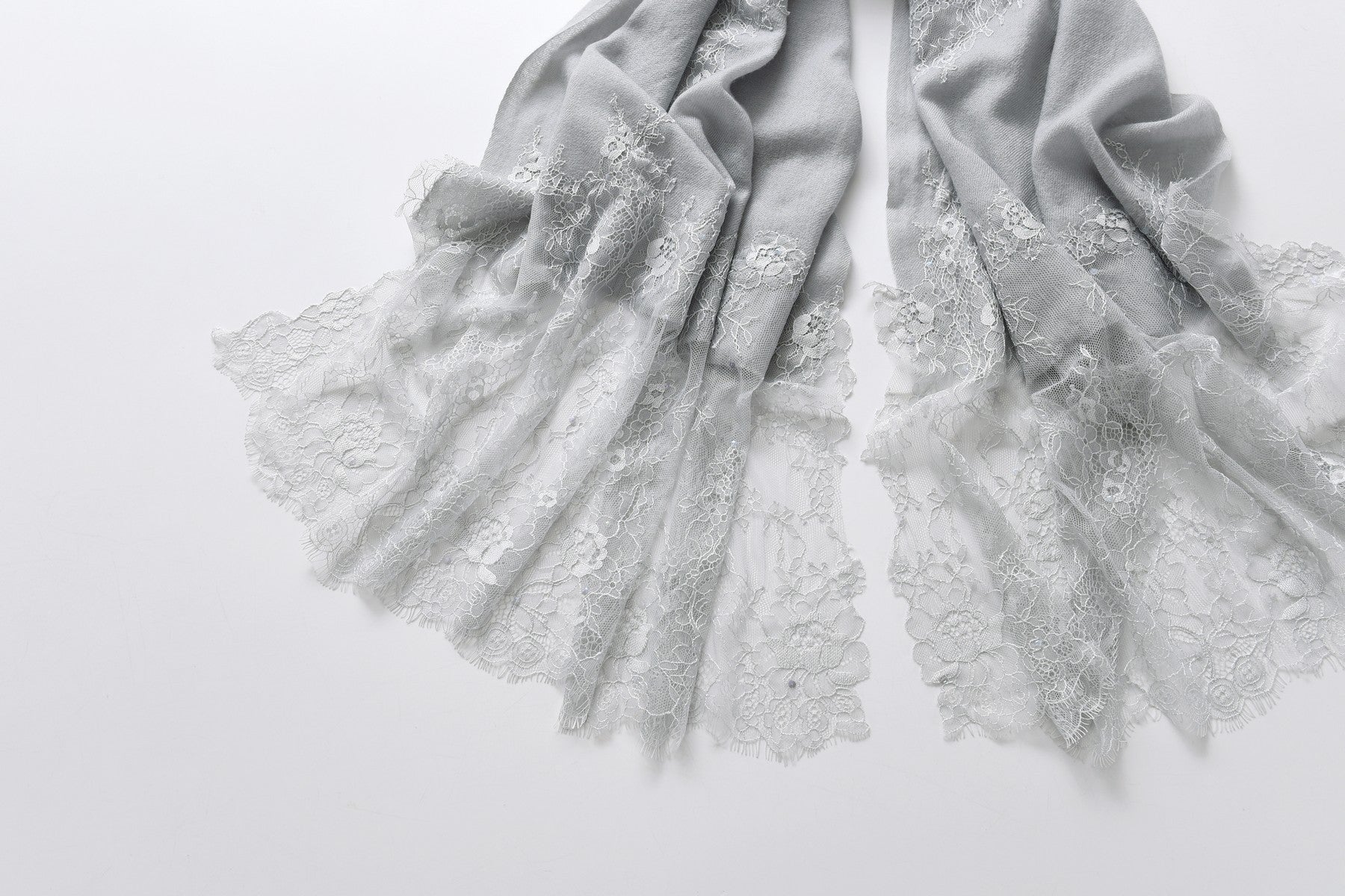 Hand Sewn Lace on Cashmere Silk Scarf in Silver Grey - Made in India