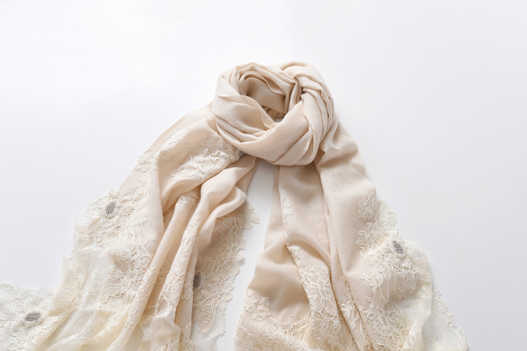 Hand Sewn Lace on Cashmere Scarf in White - Made in India