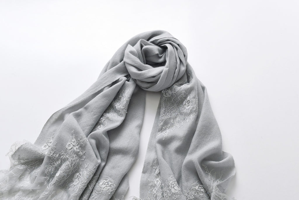 Hand Sewn Lace on Cashmere Silk Scarf in Silver Grey - Made in India
