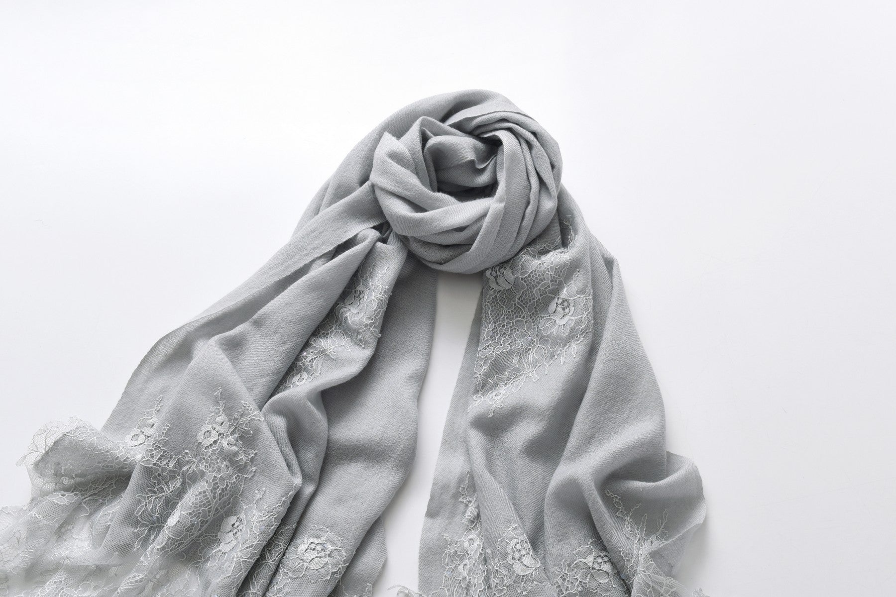 Hand Sewn Lace on Cashmere Silk Scarf in Silver Grey - Made in India