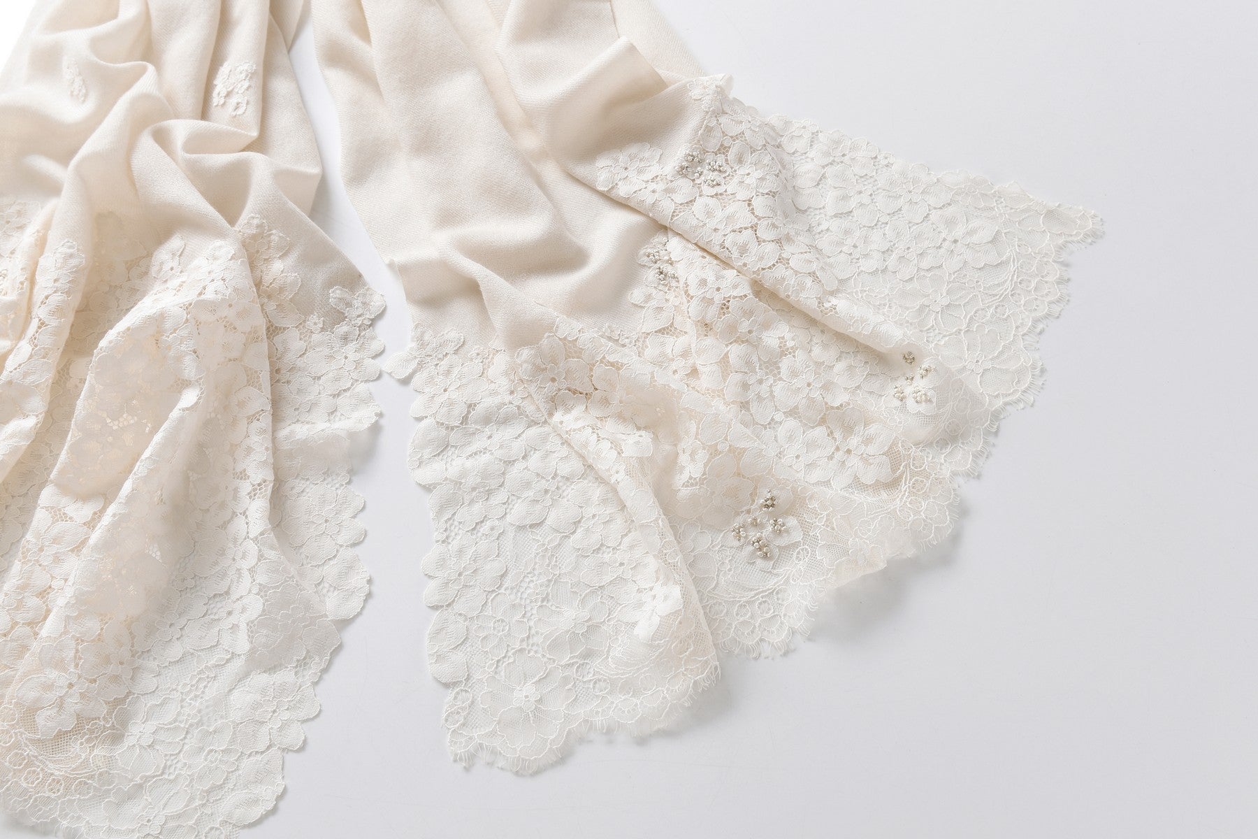 Hand Sewn Lace on Cashmere Silk Scarf in Ivory - Made in India
