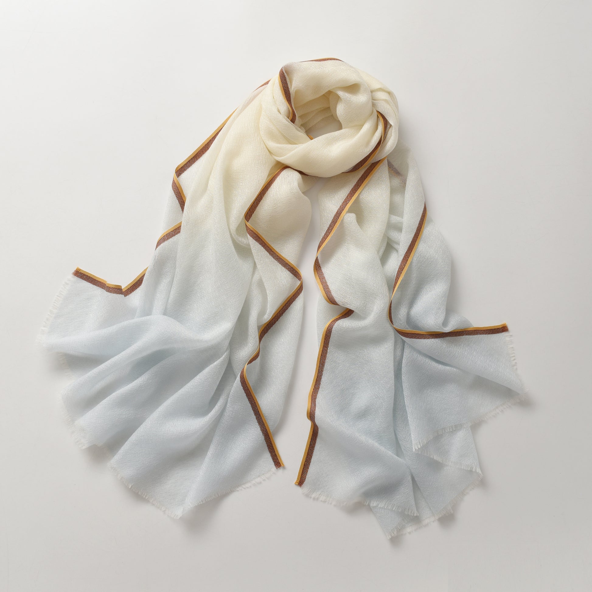 Ombre Ivory & Blue Cashmere Scarf with Brown Lining