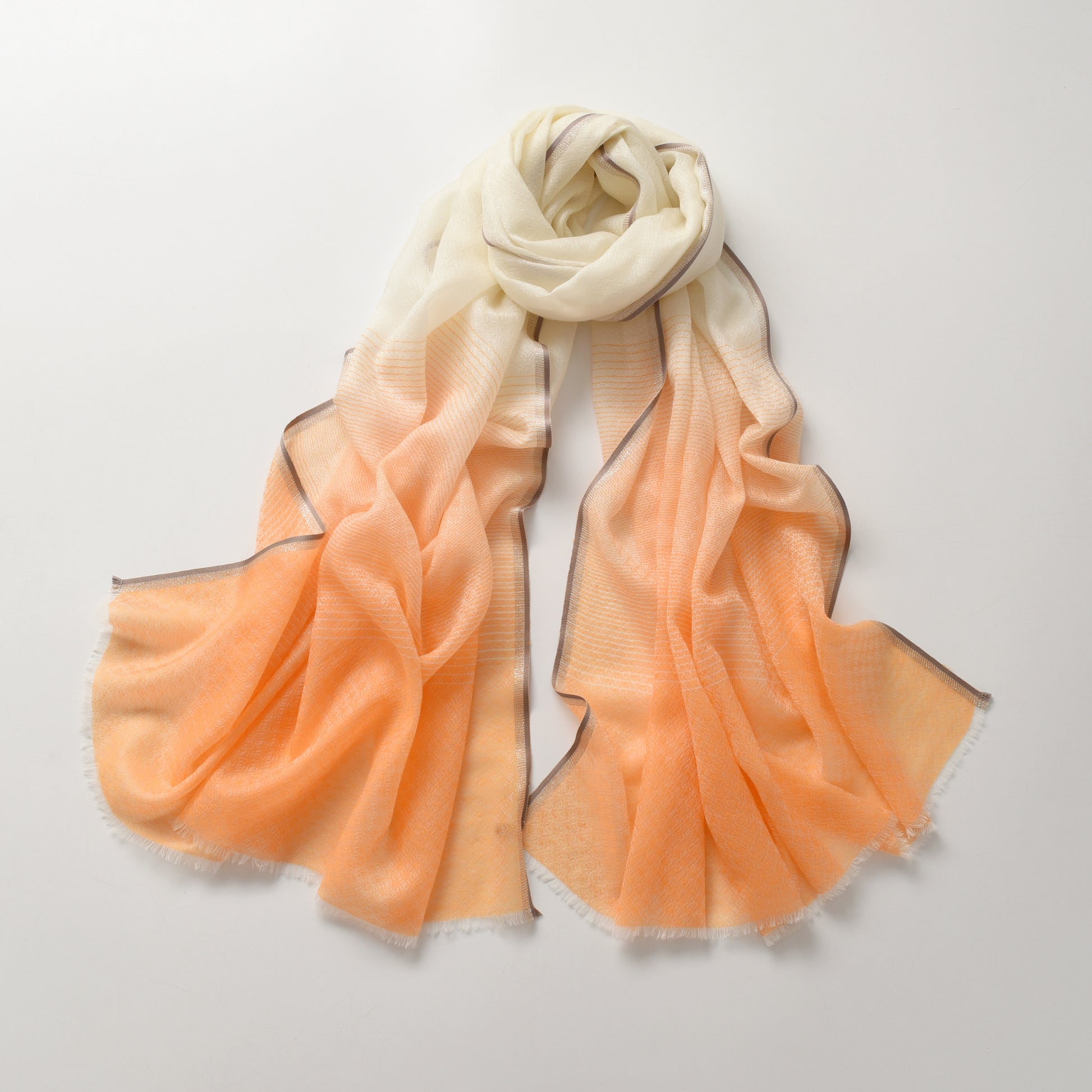 Ombre Ivory & Orange Cashmere Scarf with Brown Lining