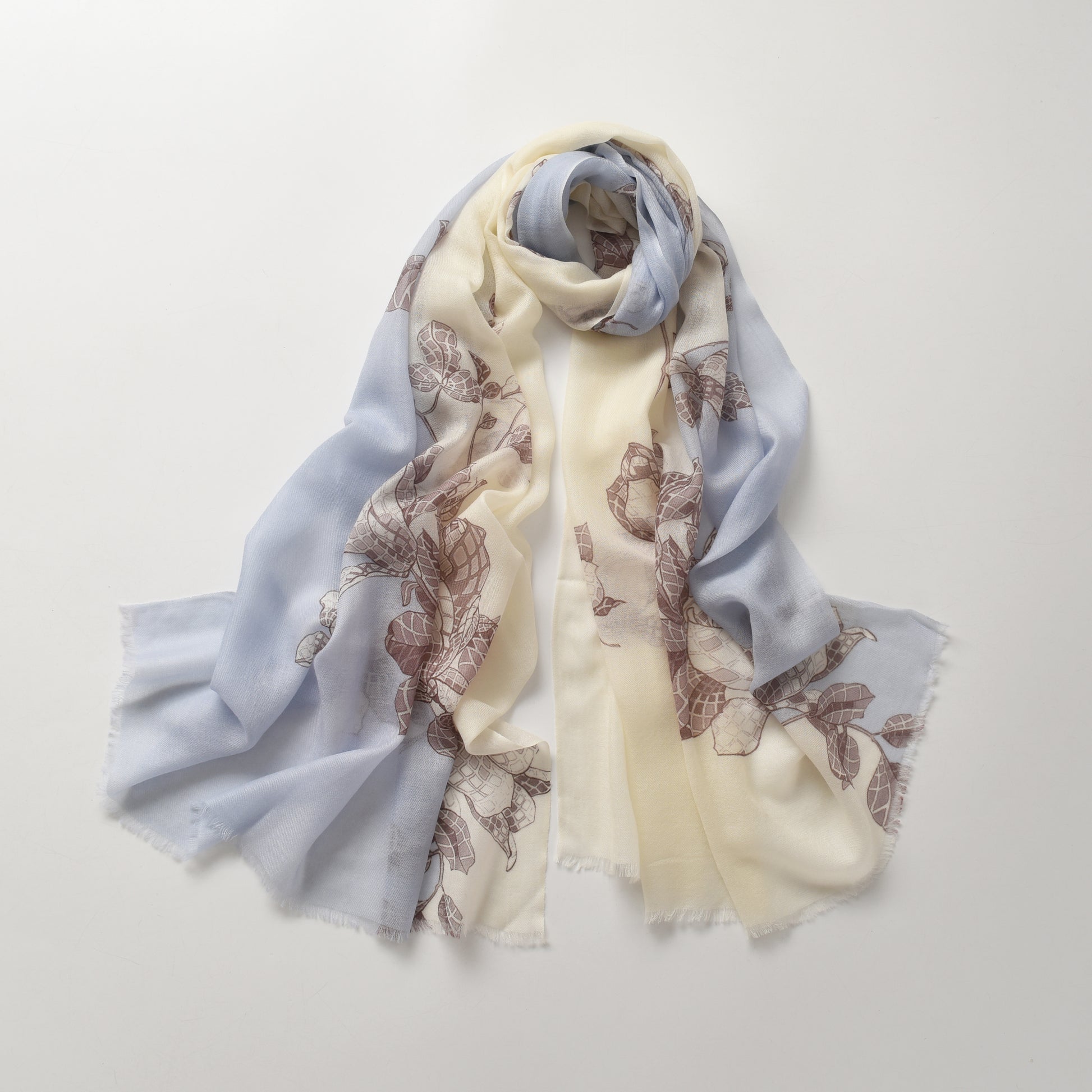 Two Tone Blue and Ivory Floral Cashmere Scarf