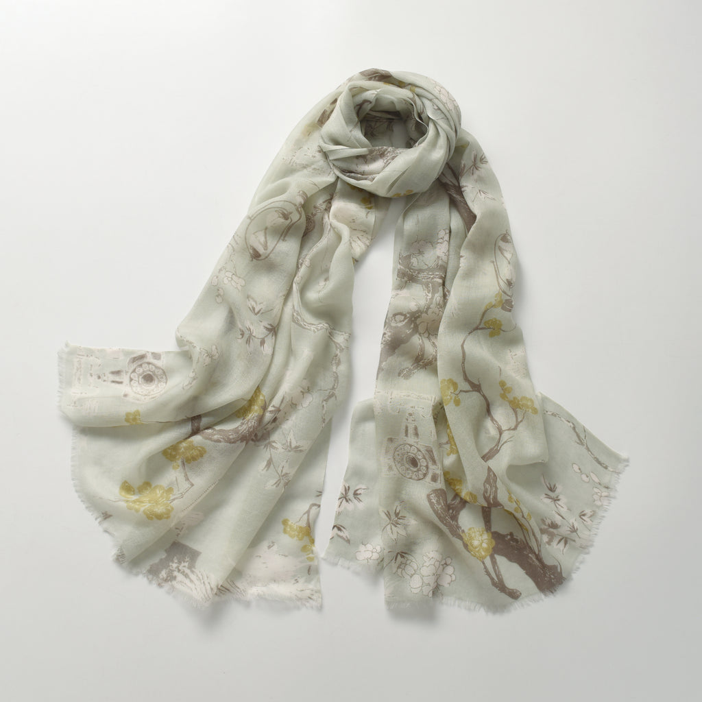 Plum Blossom in Spring Green Cashmere Scarf