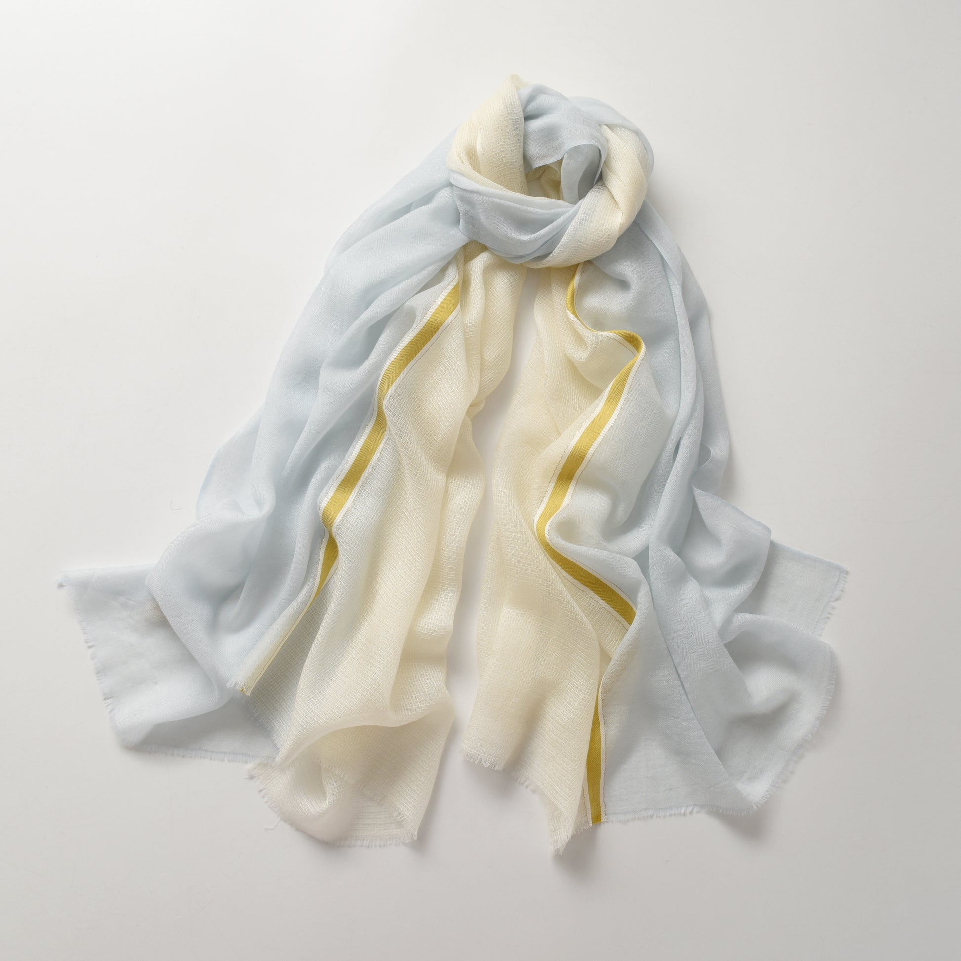 Light Blue and Yellow Hues Cashmere Scarf with Golden Lining
