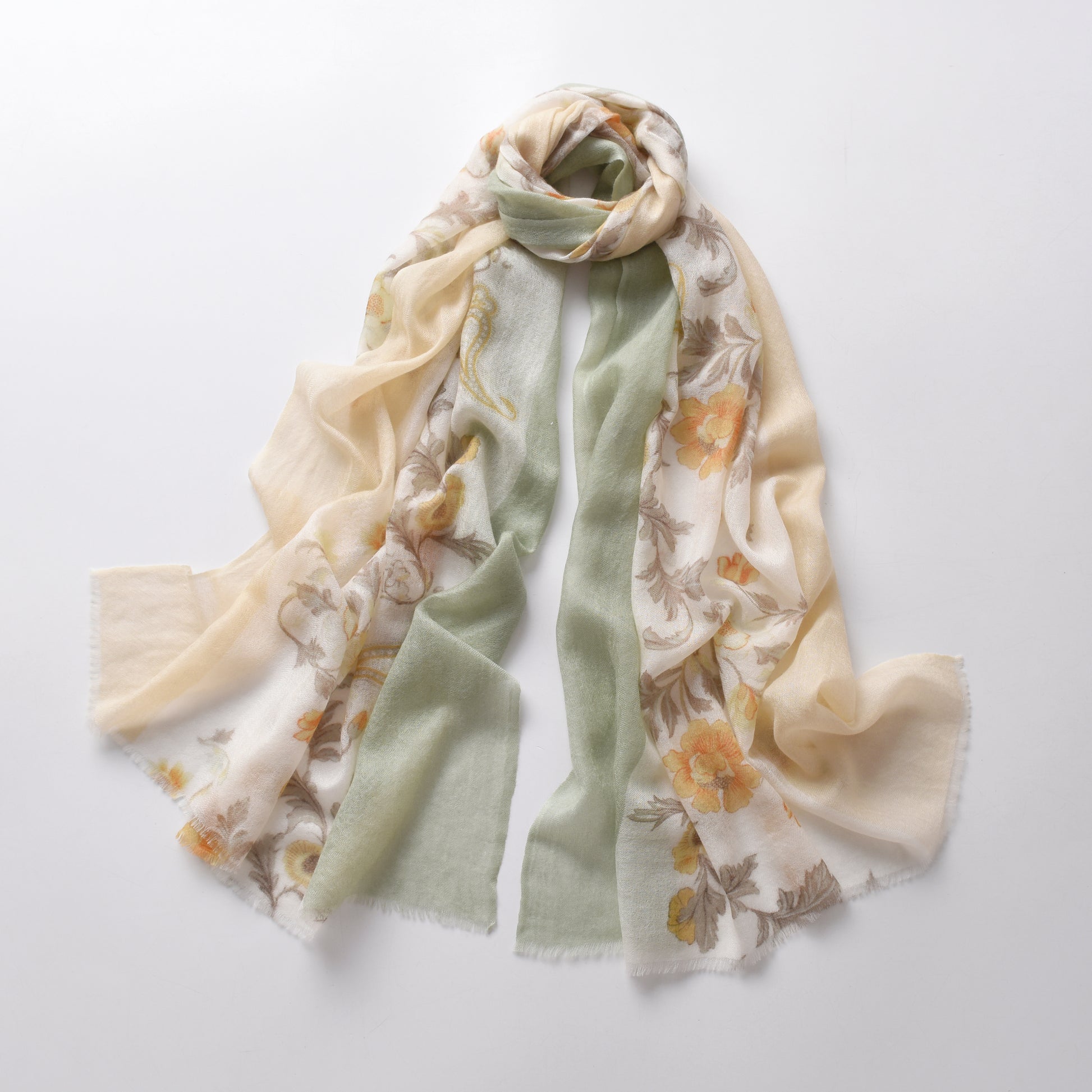 Rose Paisley Watercolour Cashmere Scarf in Green & Beige