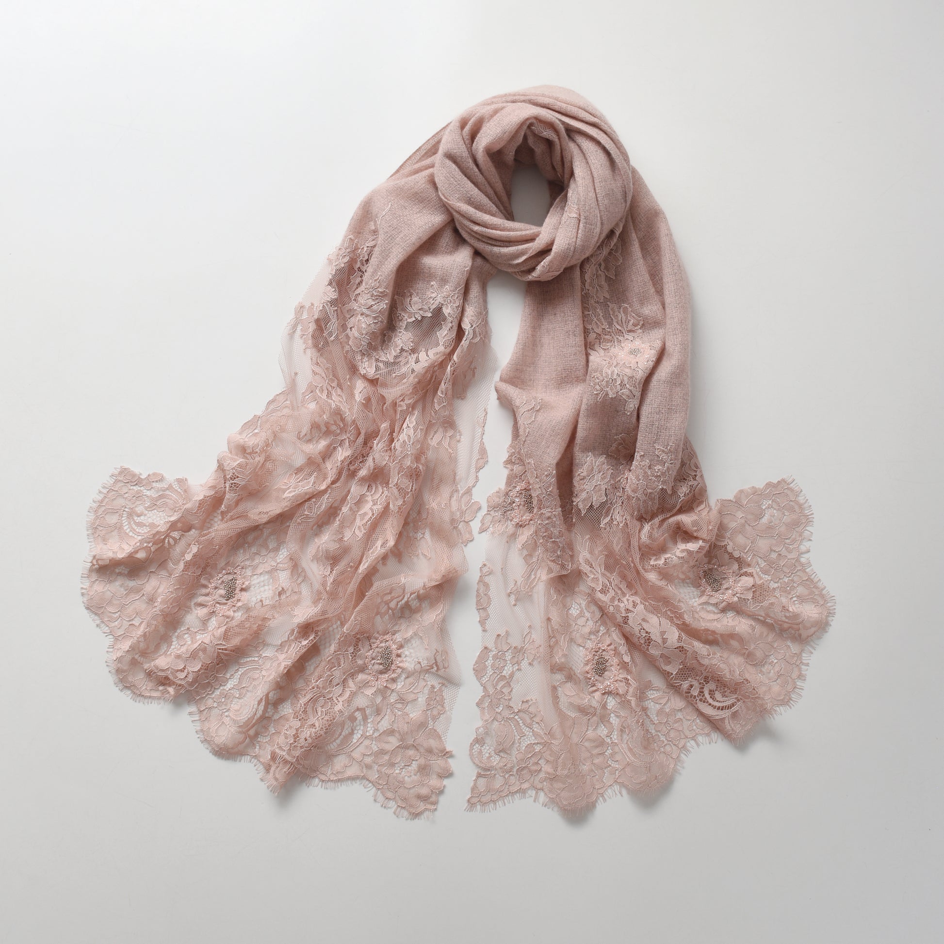 Hand Sewn Lace on Cashmere Scarf in Pink - Made in India