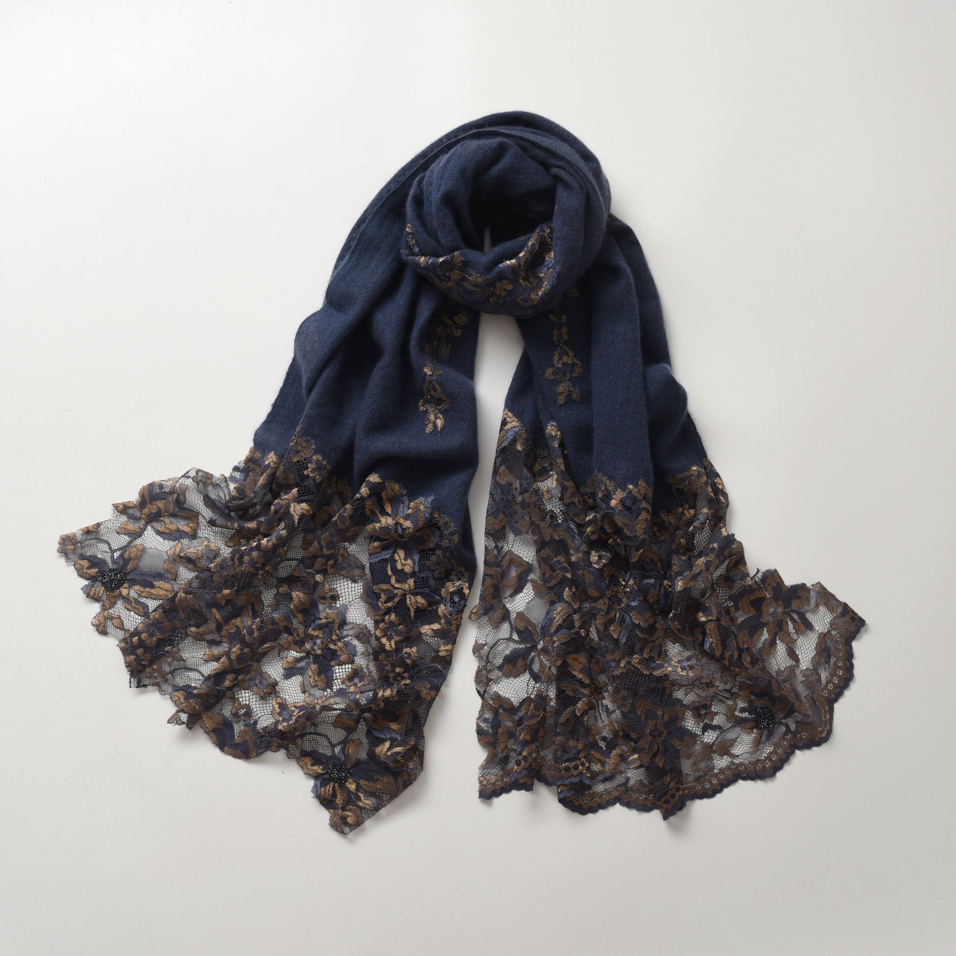 Hand Sewn Lace on Cashmere Scarf in Navy & Gold - Made in India