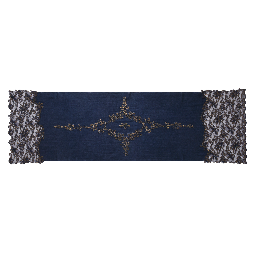 Hand Sewn Lace on Cashmere Scarf in Navy & Gold - Made in India