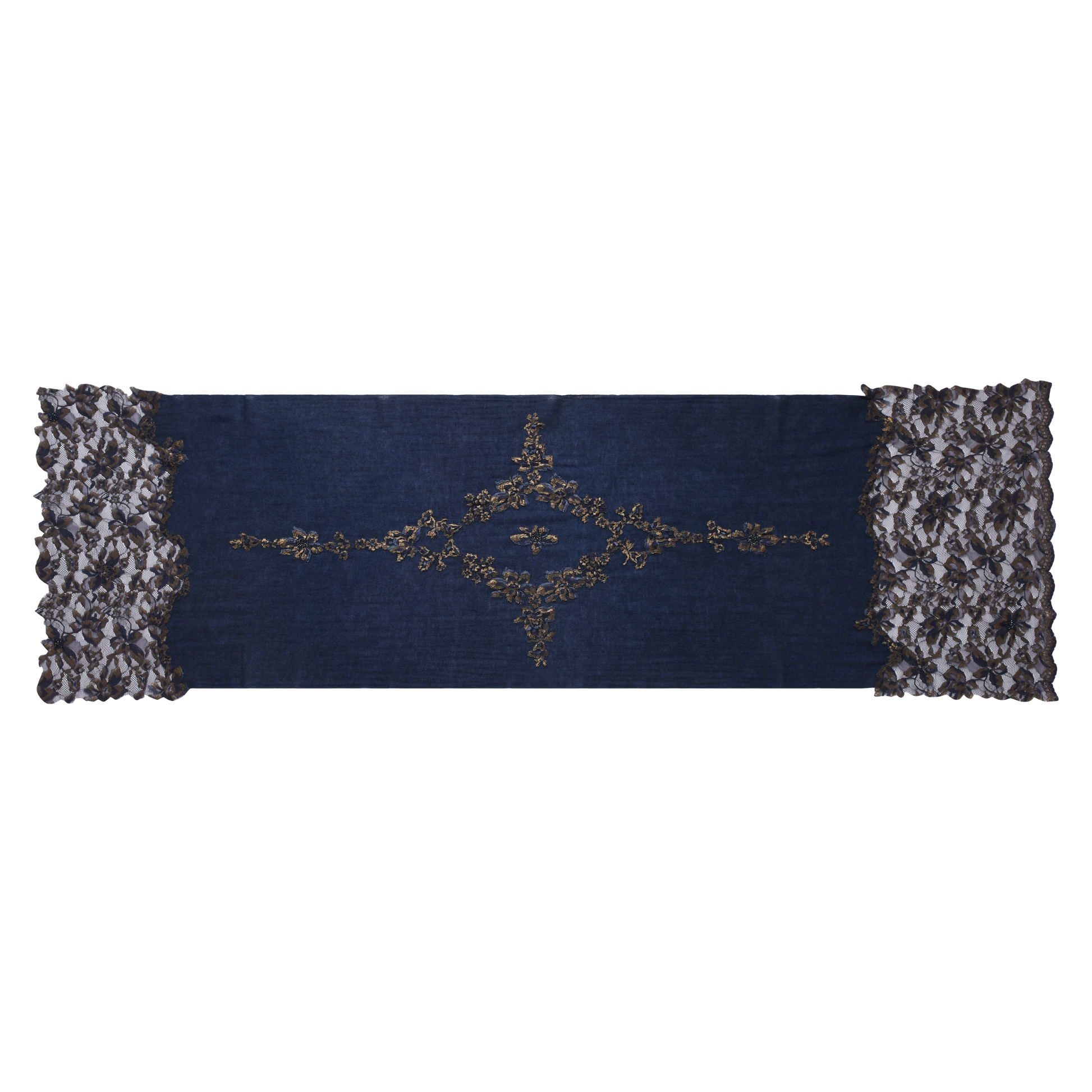 Hand Sewn Lace on Cashmere Scarf in Navy & Gold - Made in India