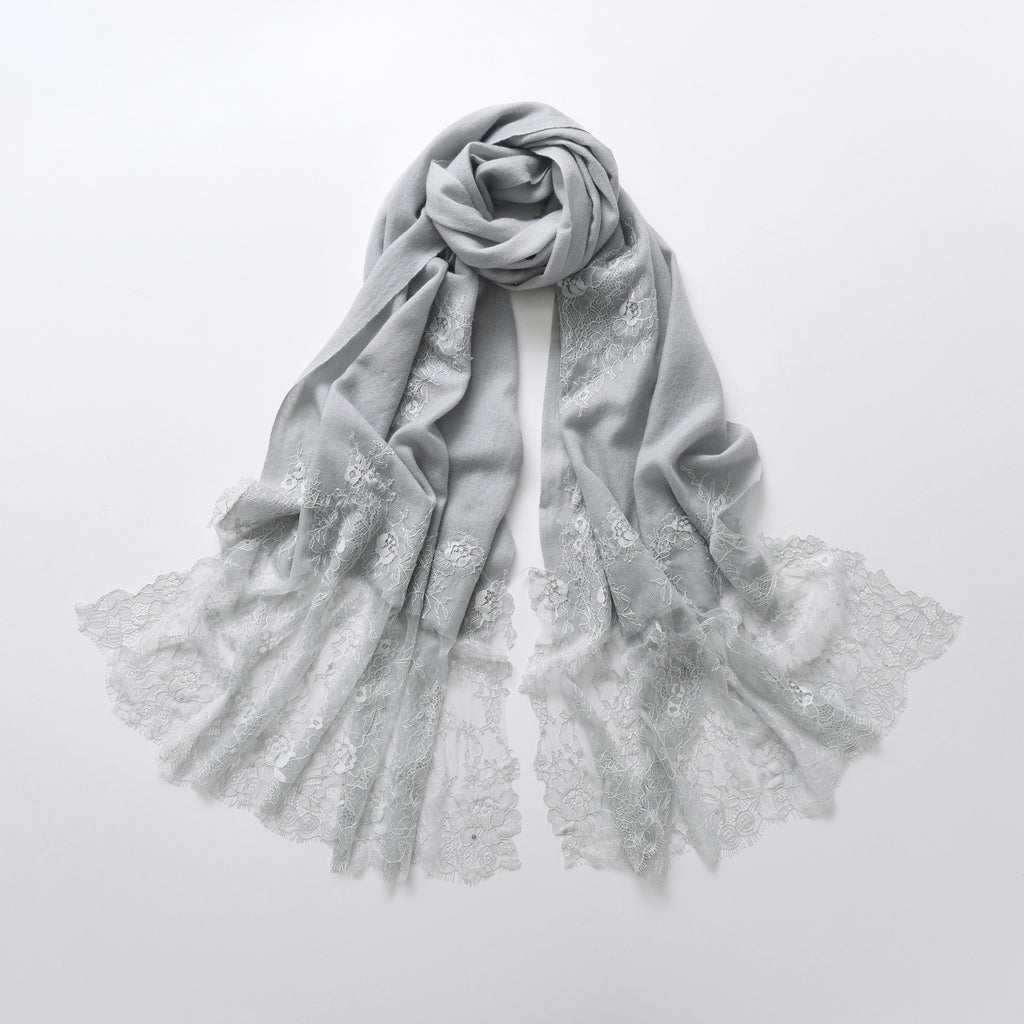 Hand Sewn Lace on Cashmere Silk Scarf in Silver Grey - Made in India