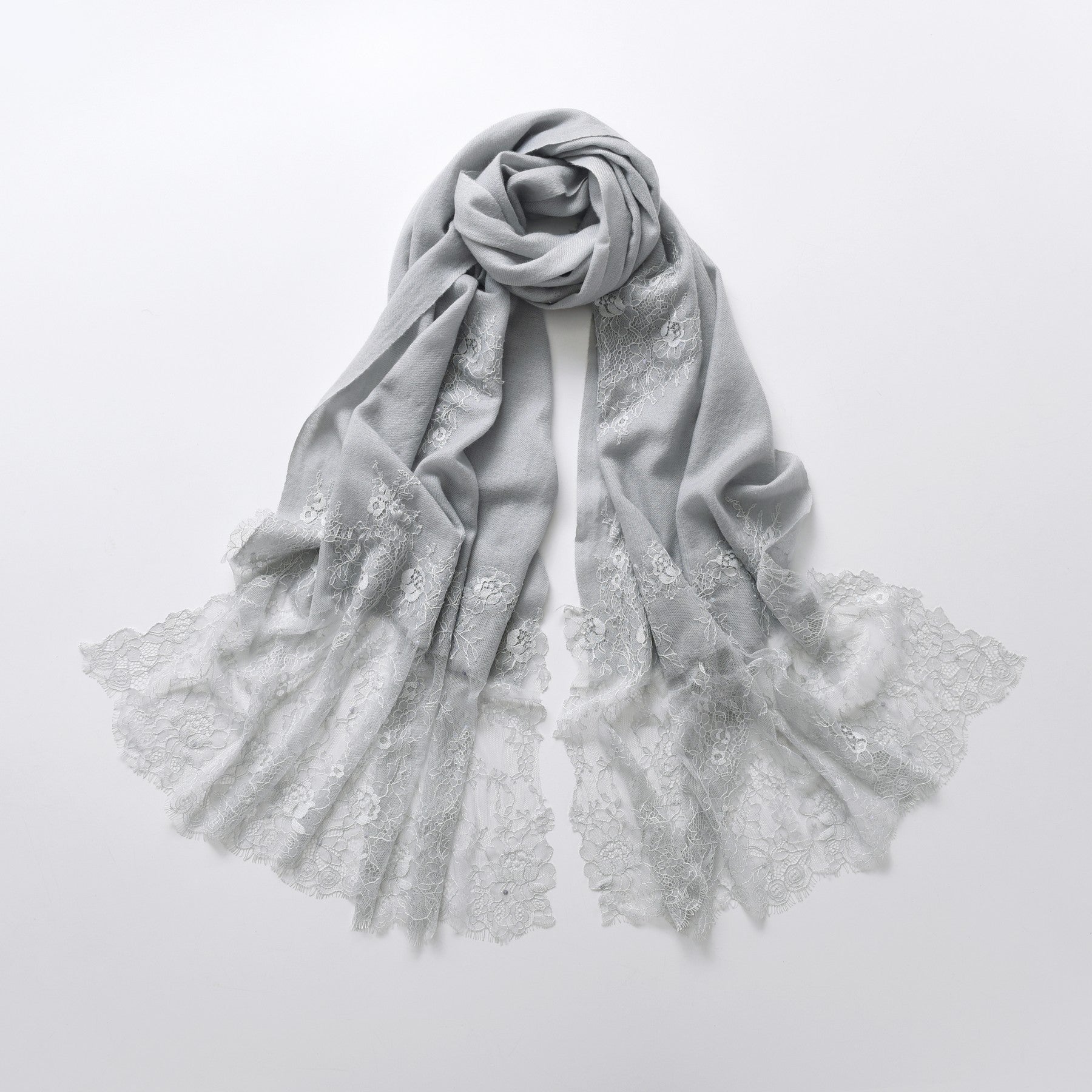 Hand Sewn Lace on Cashmere Silk Scarf in Silver Grey - Made in India