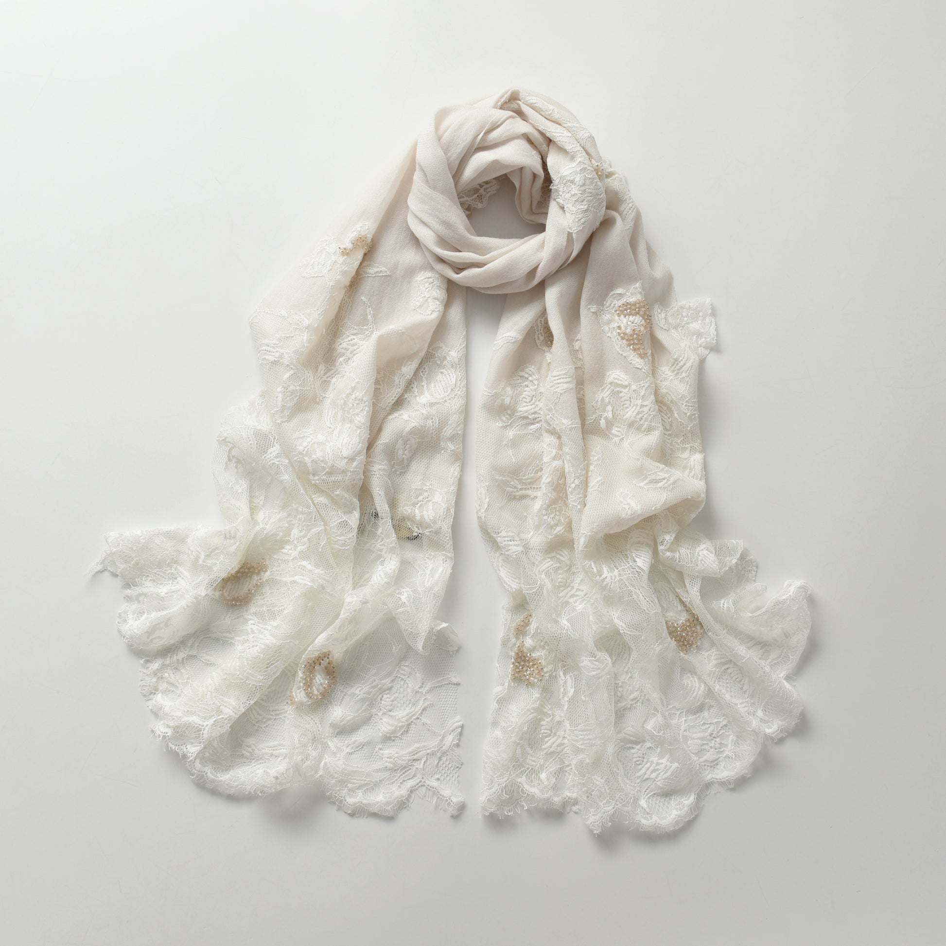 Hand Sewn Lace on Cashmere Silk Scarf in White - Made in India