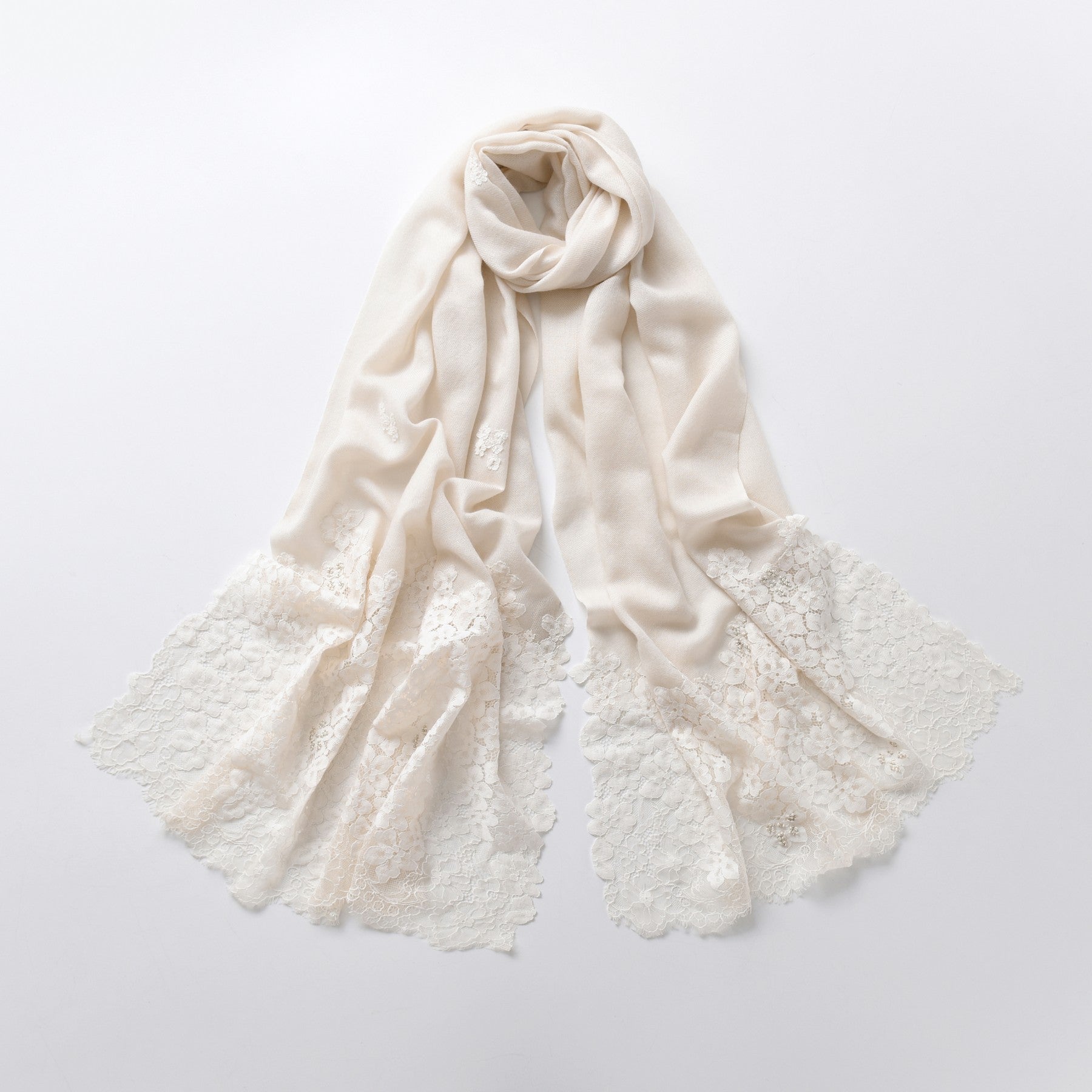 Hand Sewn Lace on Cashmere Silk Scarf in Ivory - Made in India