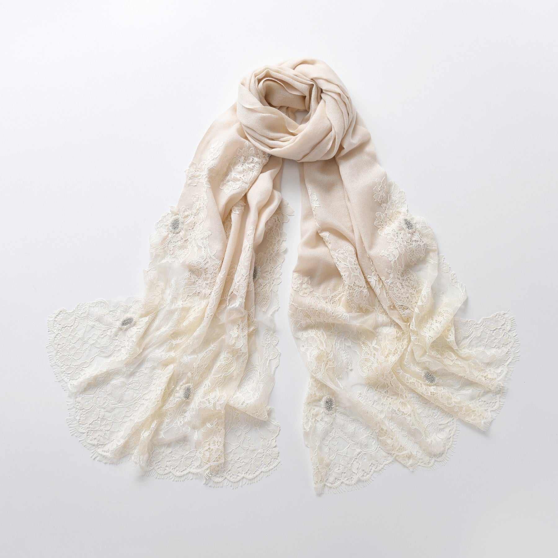 Hand Sewn Lace on Cashmere Scarf in White - Made in India