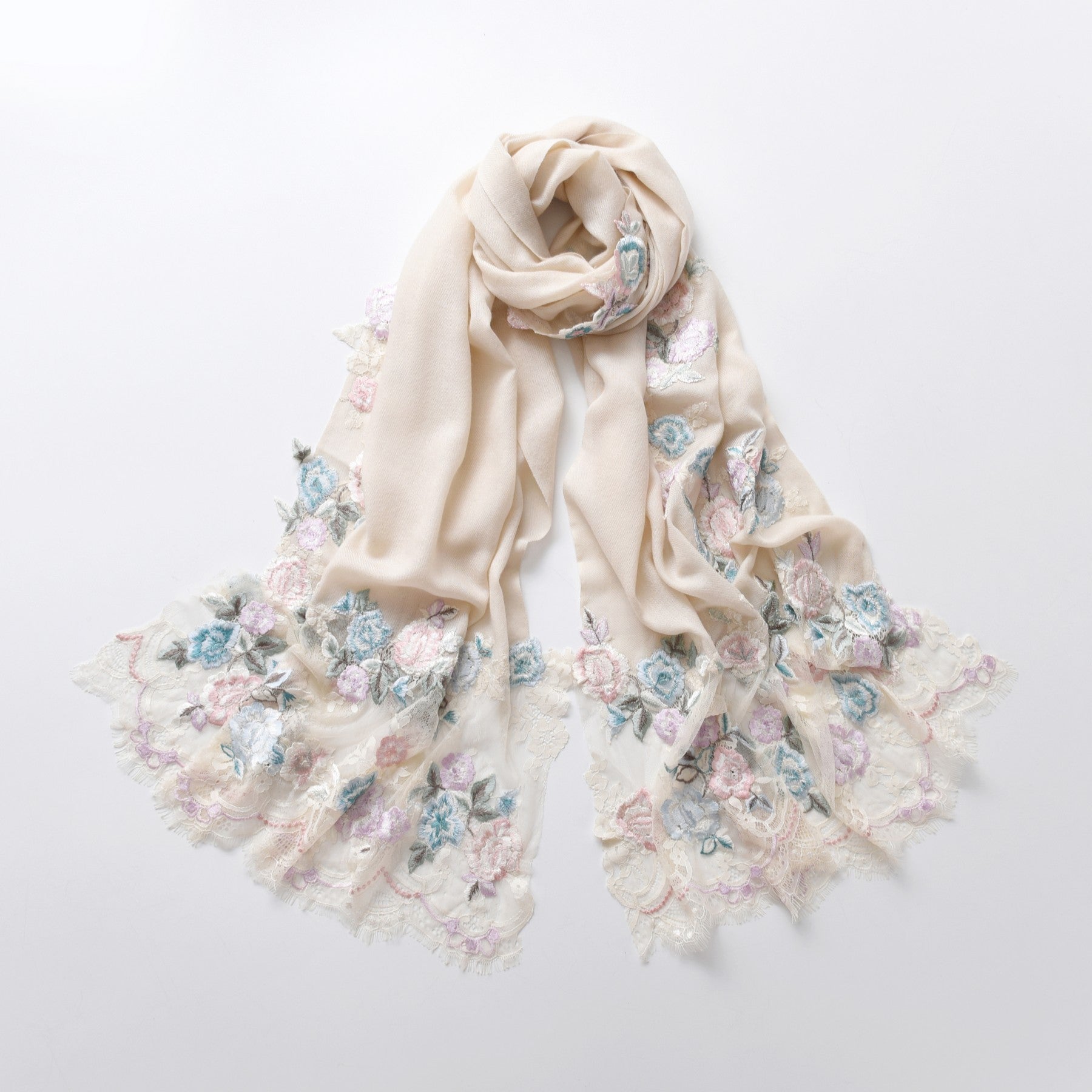 Hand Sewn Lace on Cashmere Silk Scarf in White - Made in India