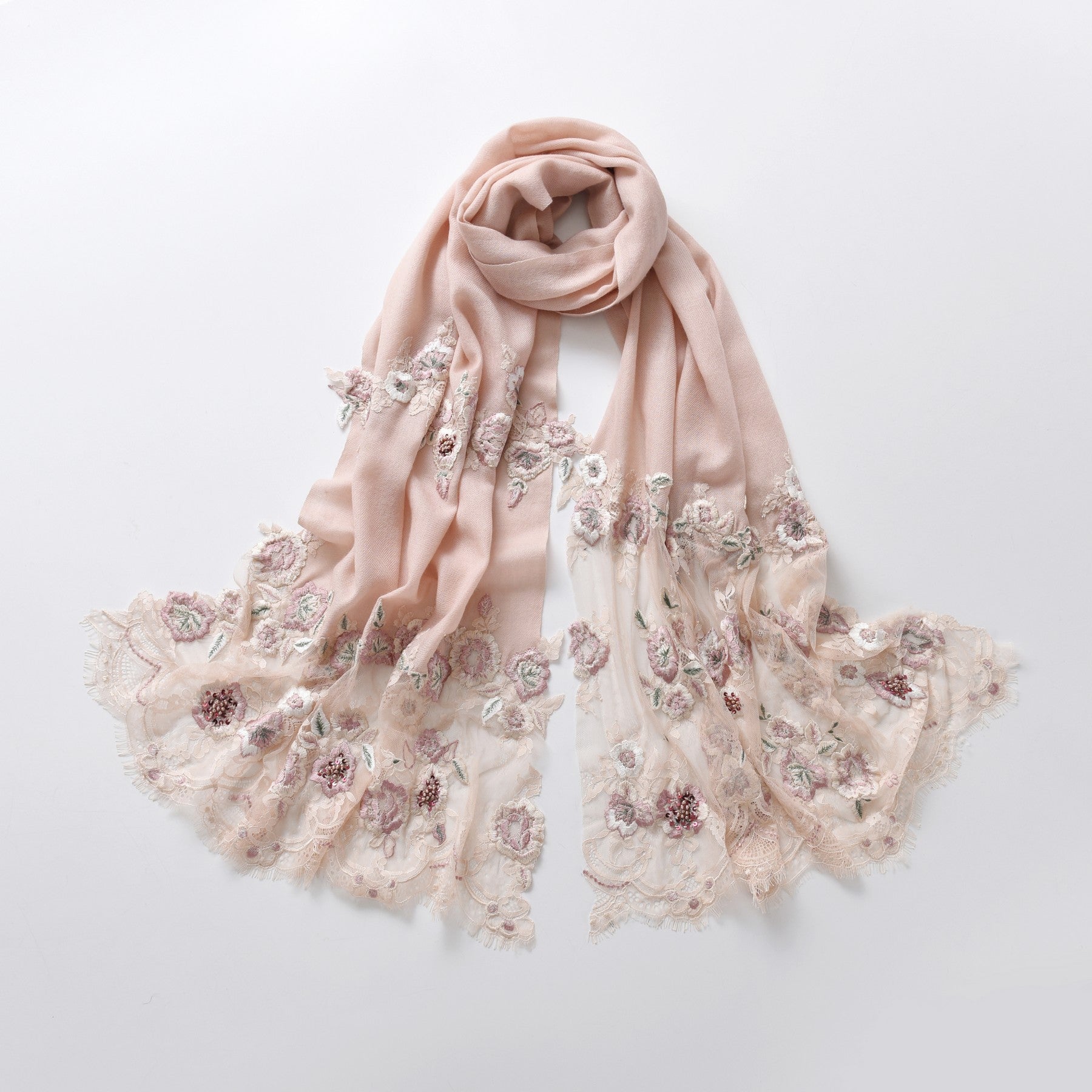 Hand Sewn Lace on Cashmere Silk Scarf in Pink & Green - Made in India