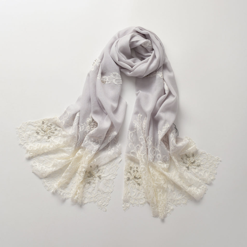 Hand Sewn Lace on Cashmere Silk Scarf in Light Grey - Made in India